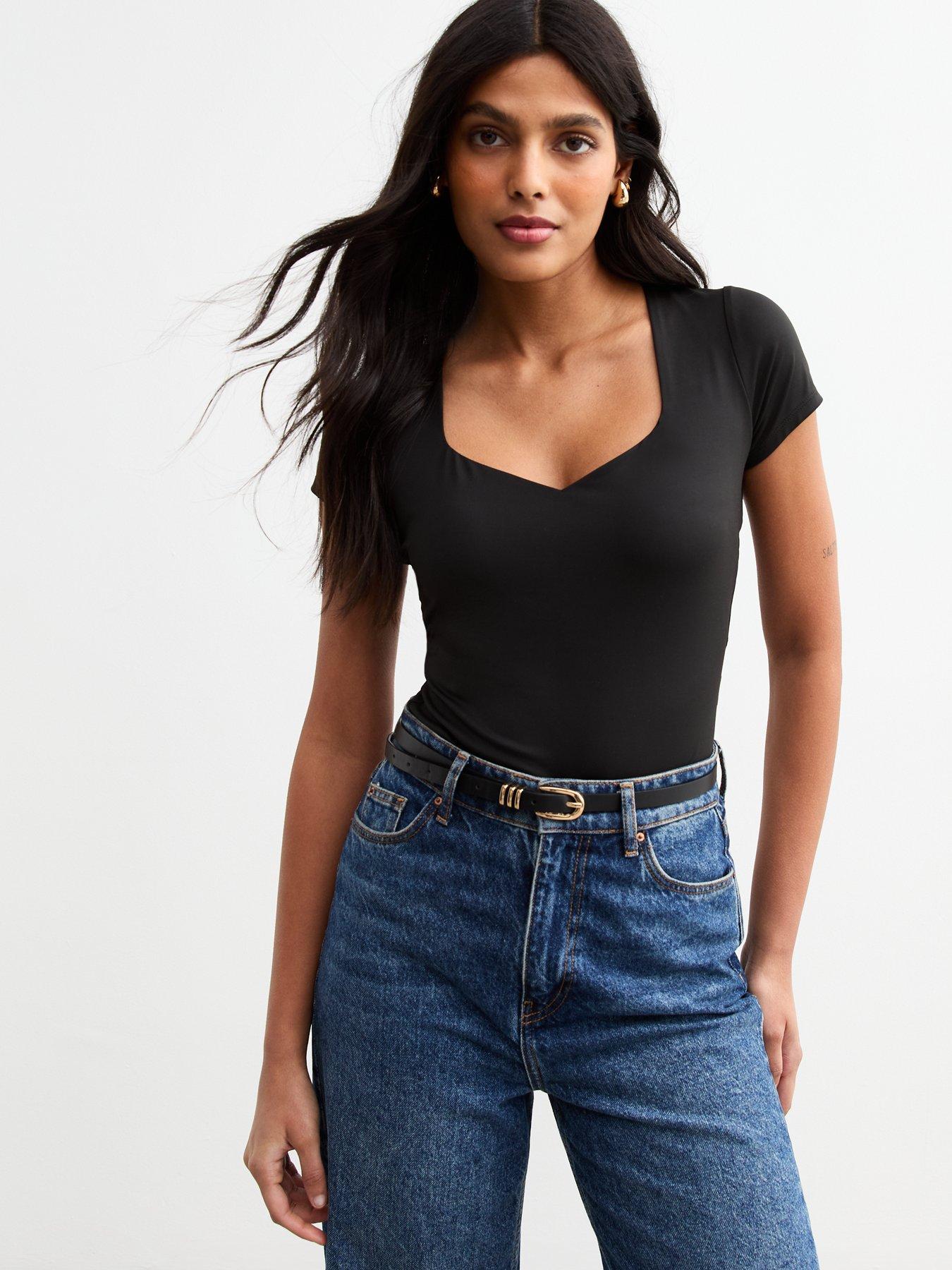 undefined Black Sweetheart Neck Jersey Bodysuit