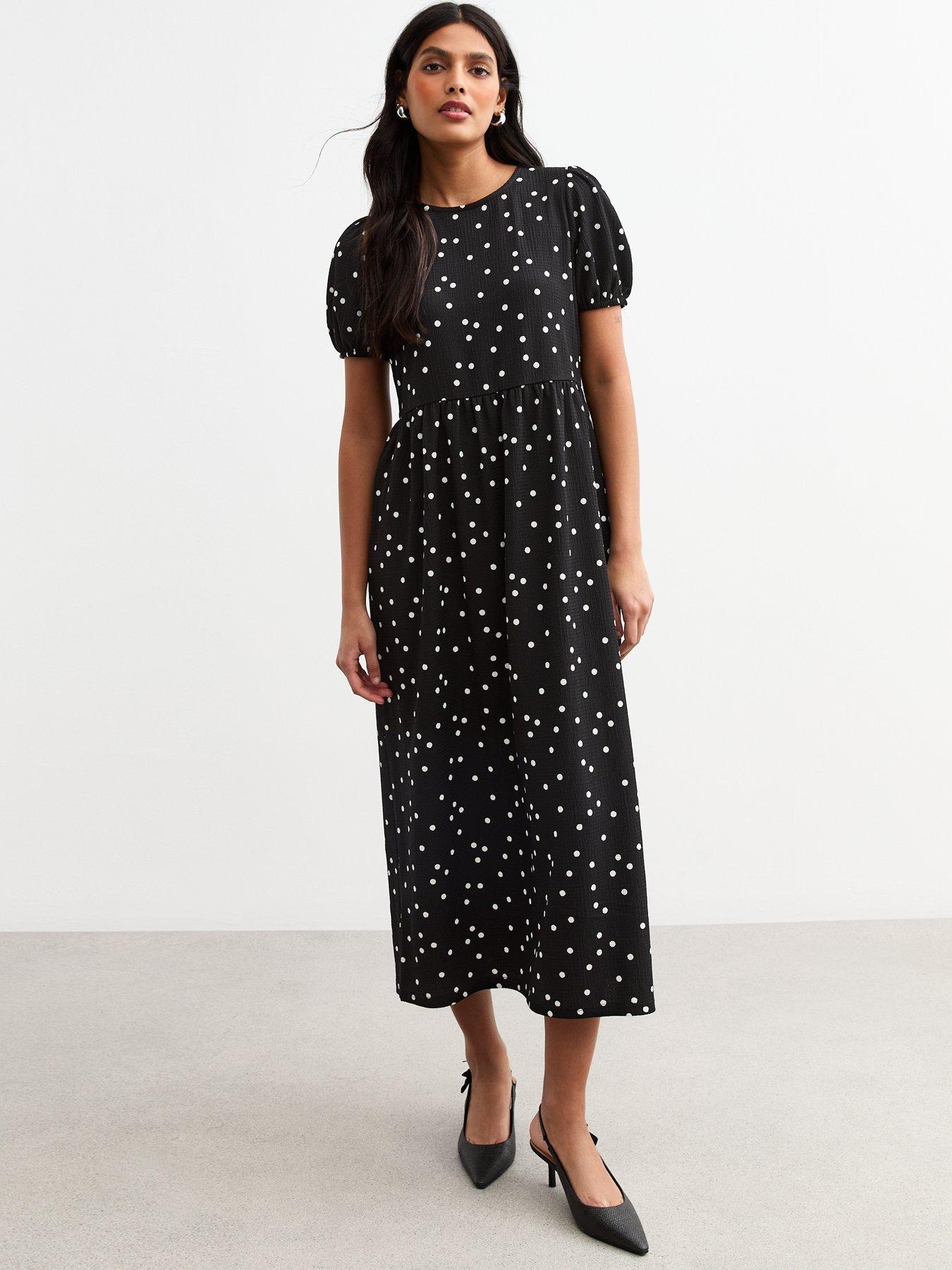undefined Black Crinkled Jersey Polka Dot Bow Back Midi Dress