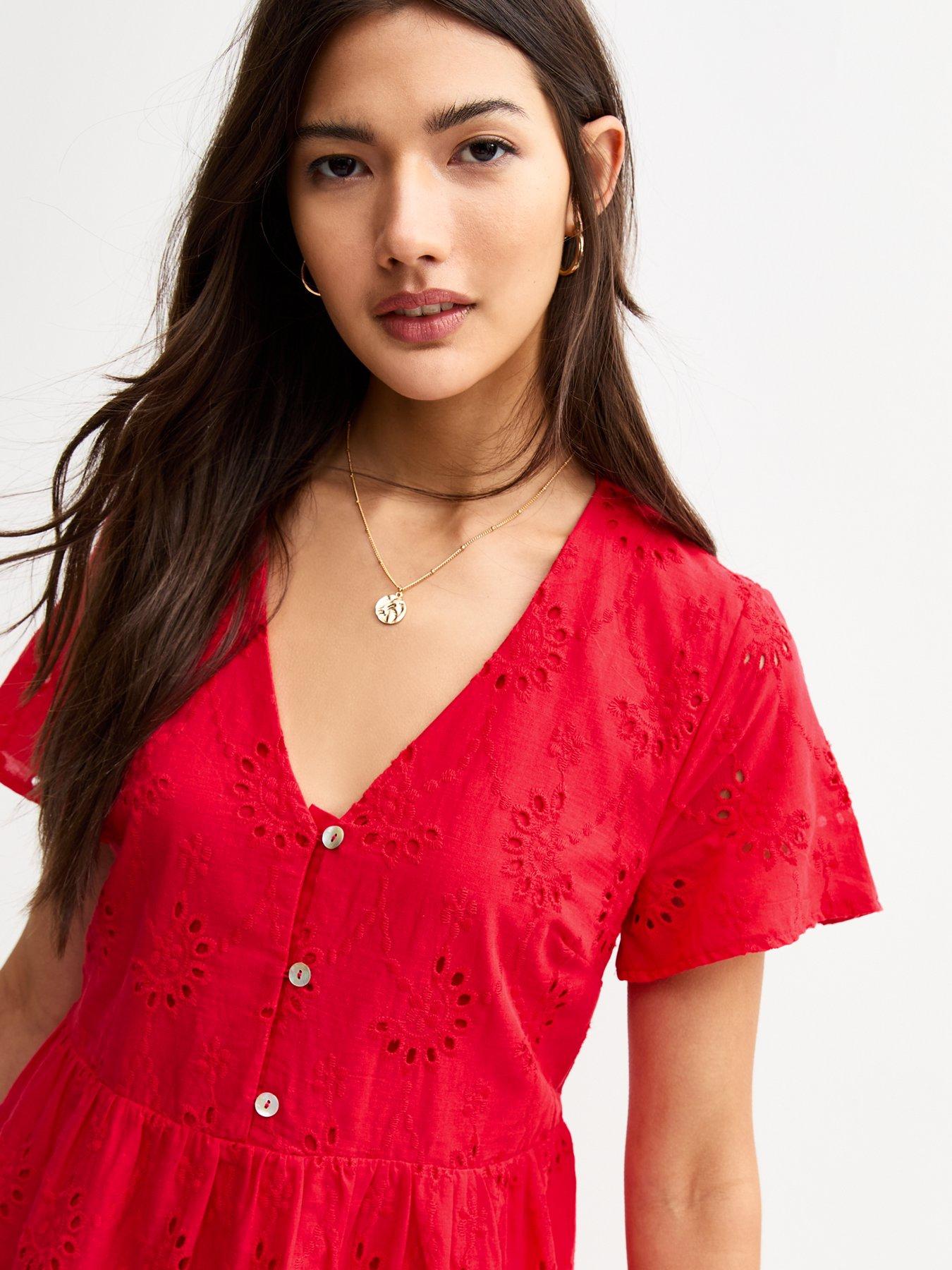 red broderie anglaise dress Buy Another Sunday Red Broderie Button Through Midi Shirt Dress from Next  USA