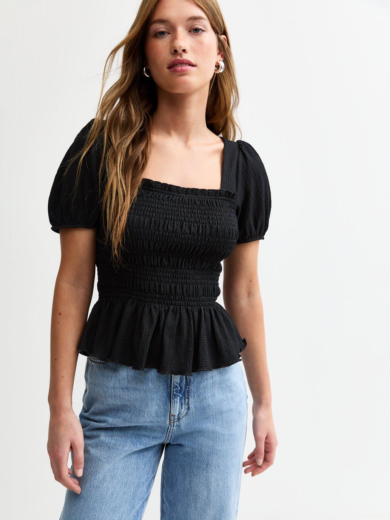 undefined Jersey Square Neck Shirred Body Puff Sleeve Top - Black