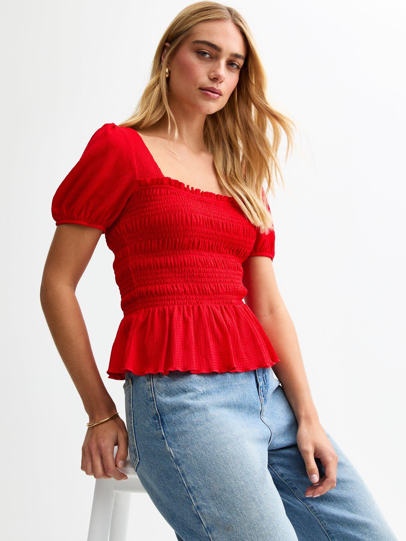 undefined Red Skylar Shirred Puff Sleeve Top