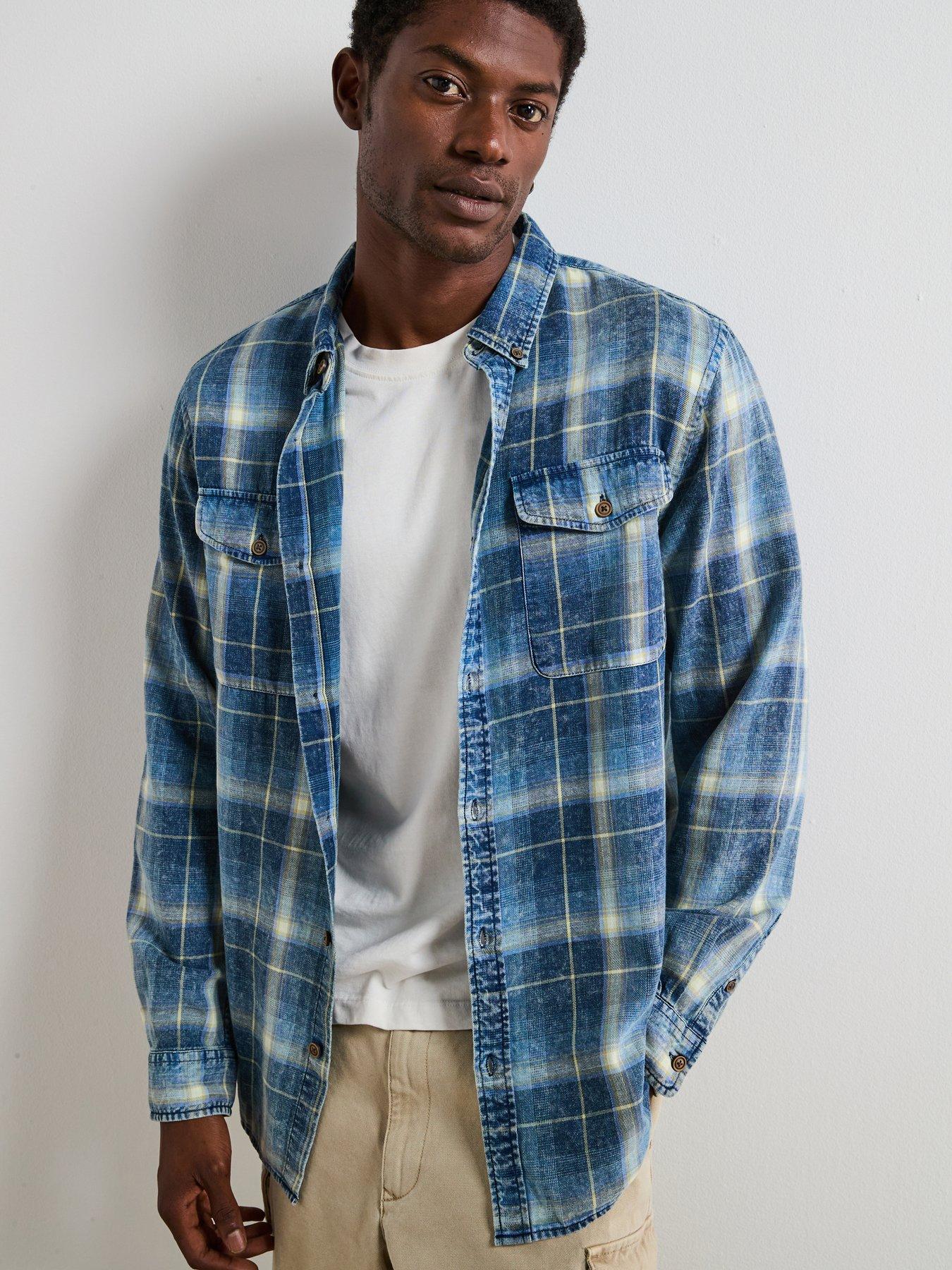 undefined Double Pocket Washed Check Shirt - Blue