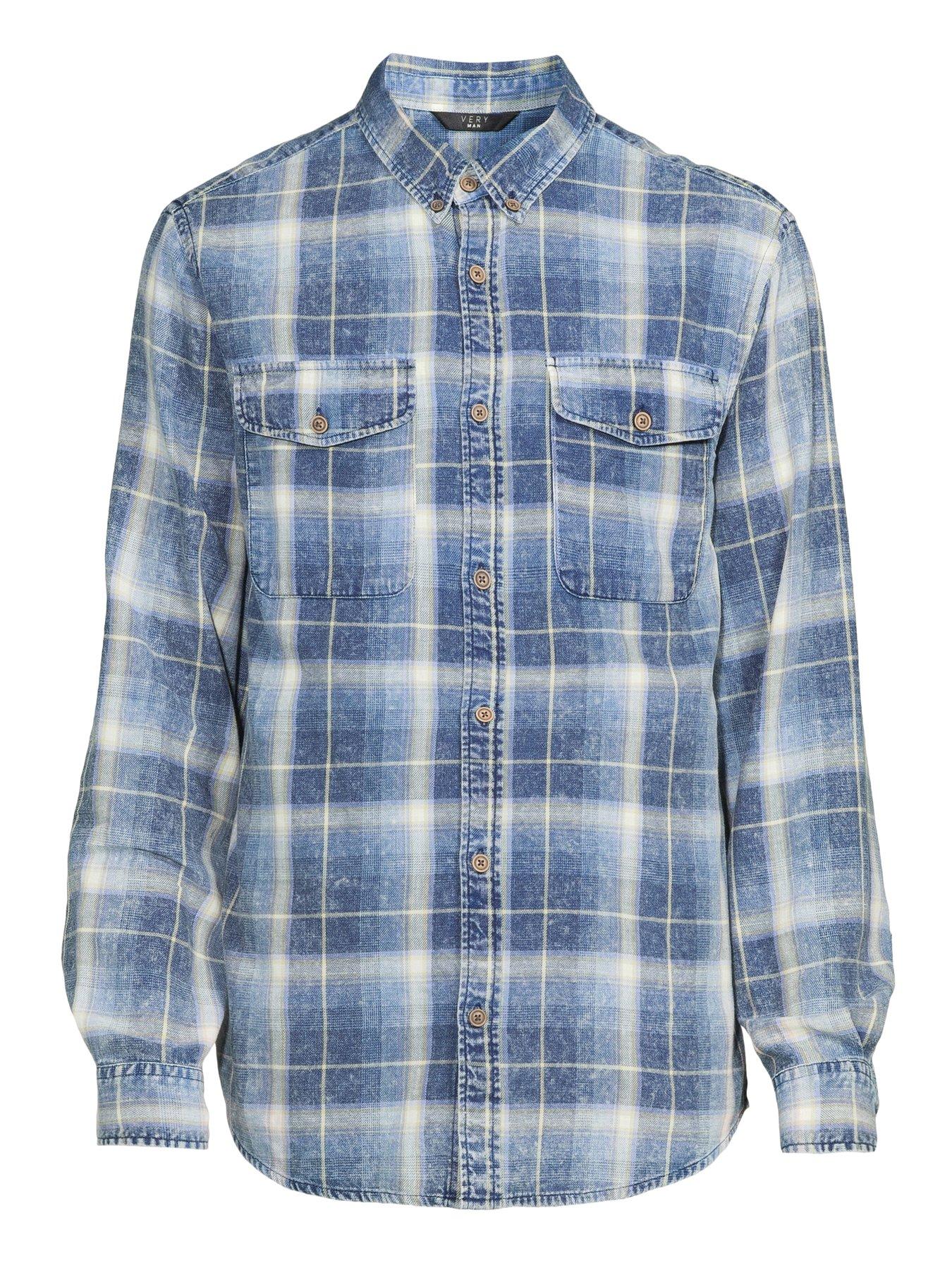 Image 7 of 7 of Very Man Double Pocket Washed Check Shirt - Blue