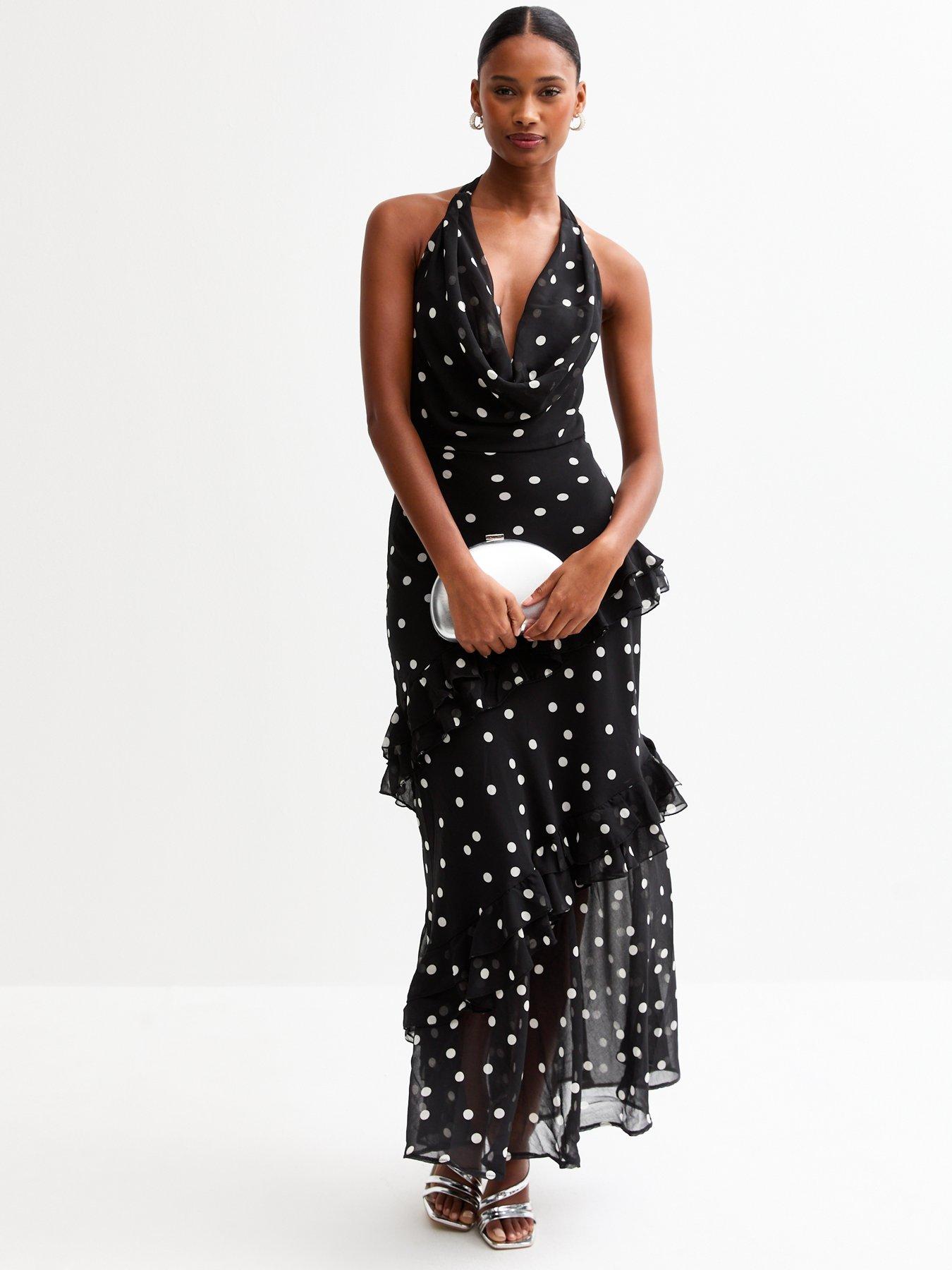 undefined Polka Dot Cowl Neck Chiffon Midi Dress