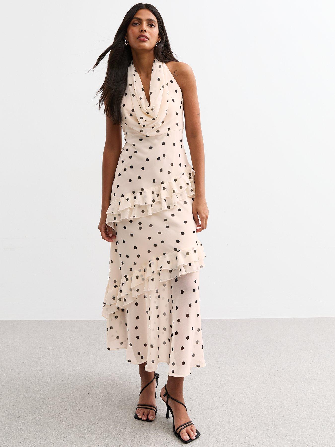 undefined Off White Polka Dot Cowl Neck Chiffon Midi Dress