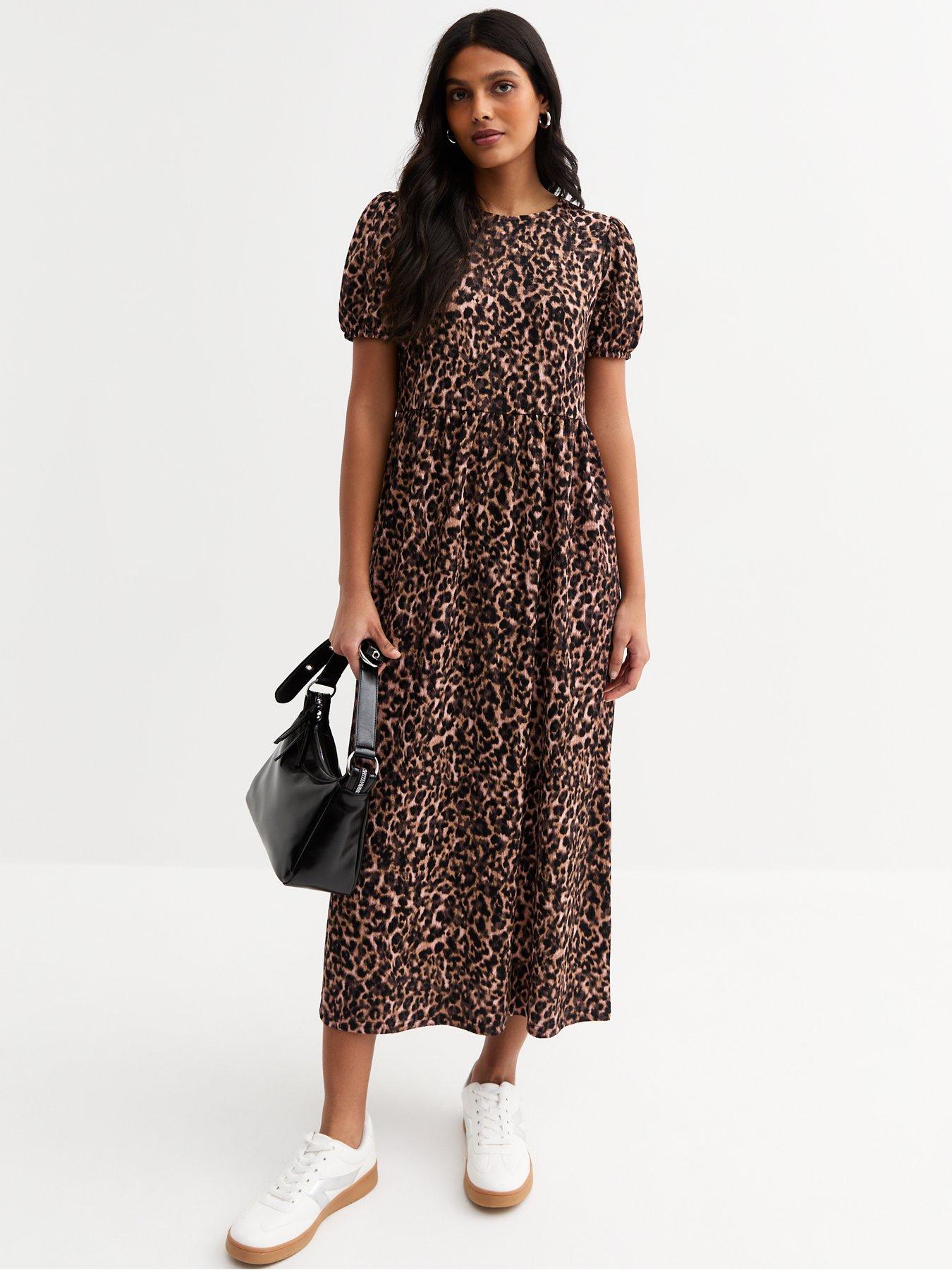 undefined Brown Crinkle Texture Leopard Print Bow Back Midi Dress