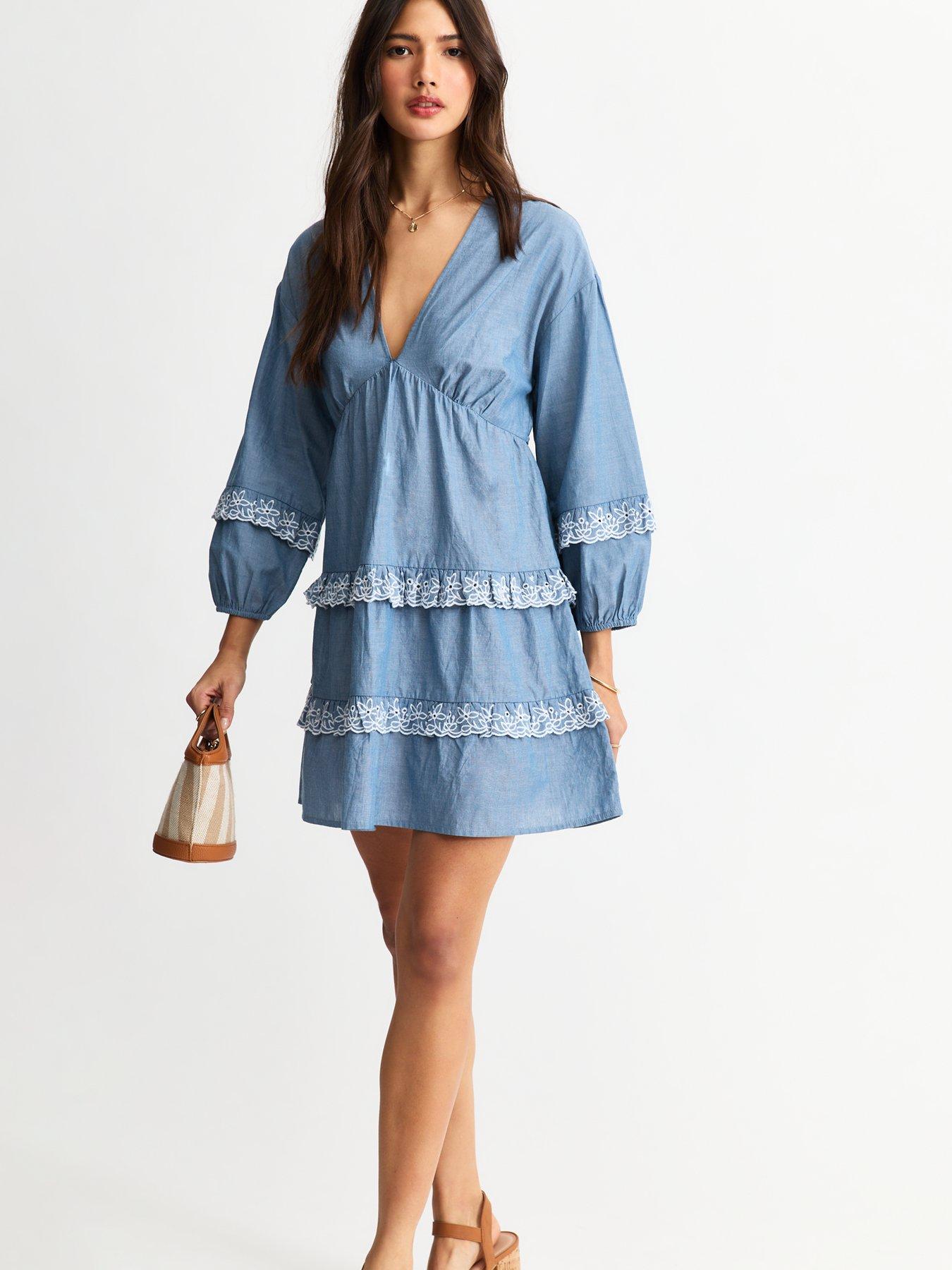 Image 1 of 4 of New Look Blue Ruffle Trimmed Chambray Mini Dress