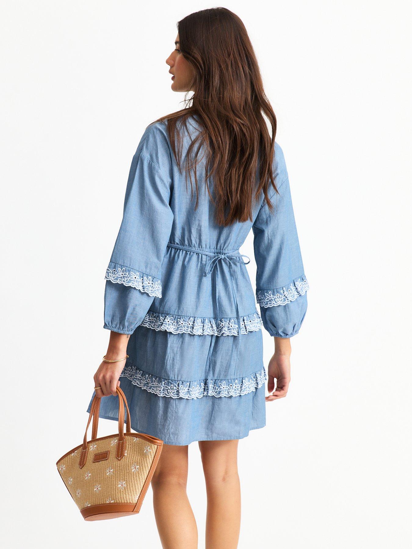 Image 2 of 4 of New Look Blue Ruffle Trimmed Chambray Mini Dress