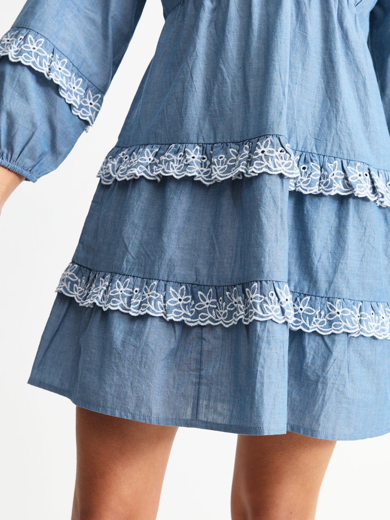 Image 4 of 4 of New Look Blue Ruffle Trimmed Chambray Mini Dress