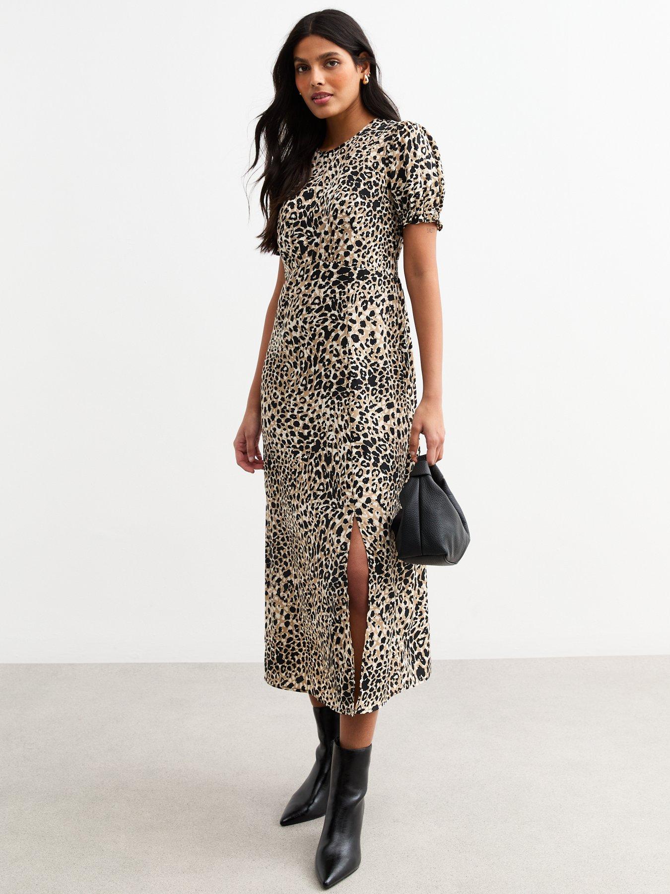 Image of New Look Brown Leopard Print Puff Sleeve Midi Dress