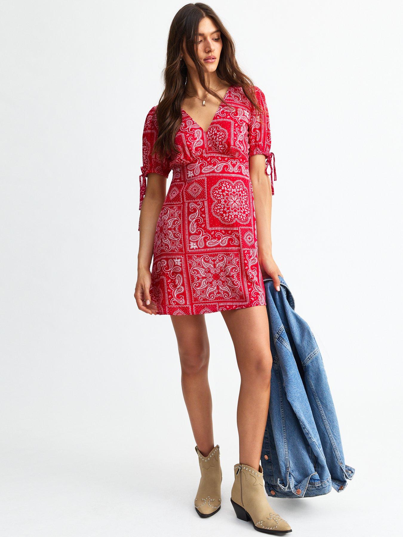 Image of New Look Red Paisley Print Tie Sleeve Mini Dress