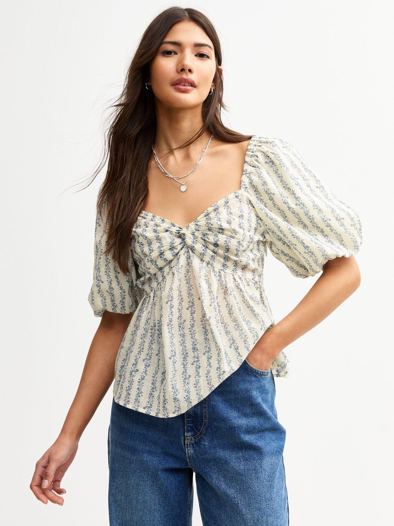 undefined Blue Floral Print Puff Sleeve Milkmaid Top