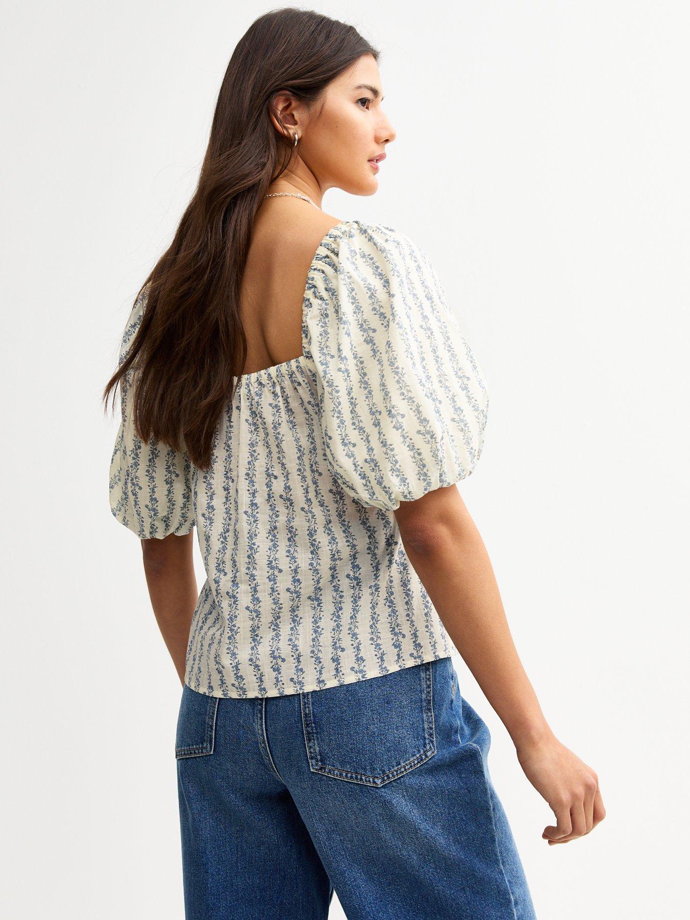 Image 2 of 5 of New Look Blue Floral Print Puff Sleeve Milkmaid Top