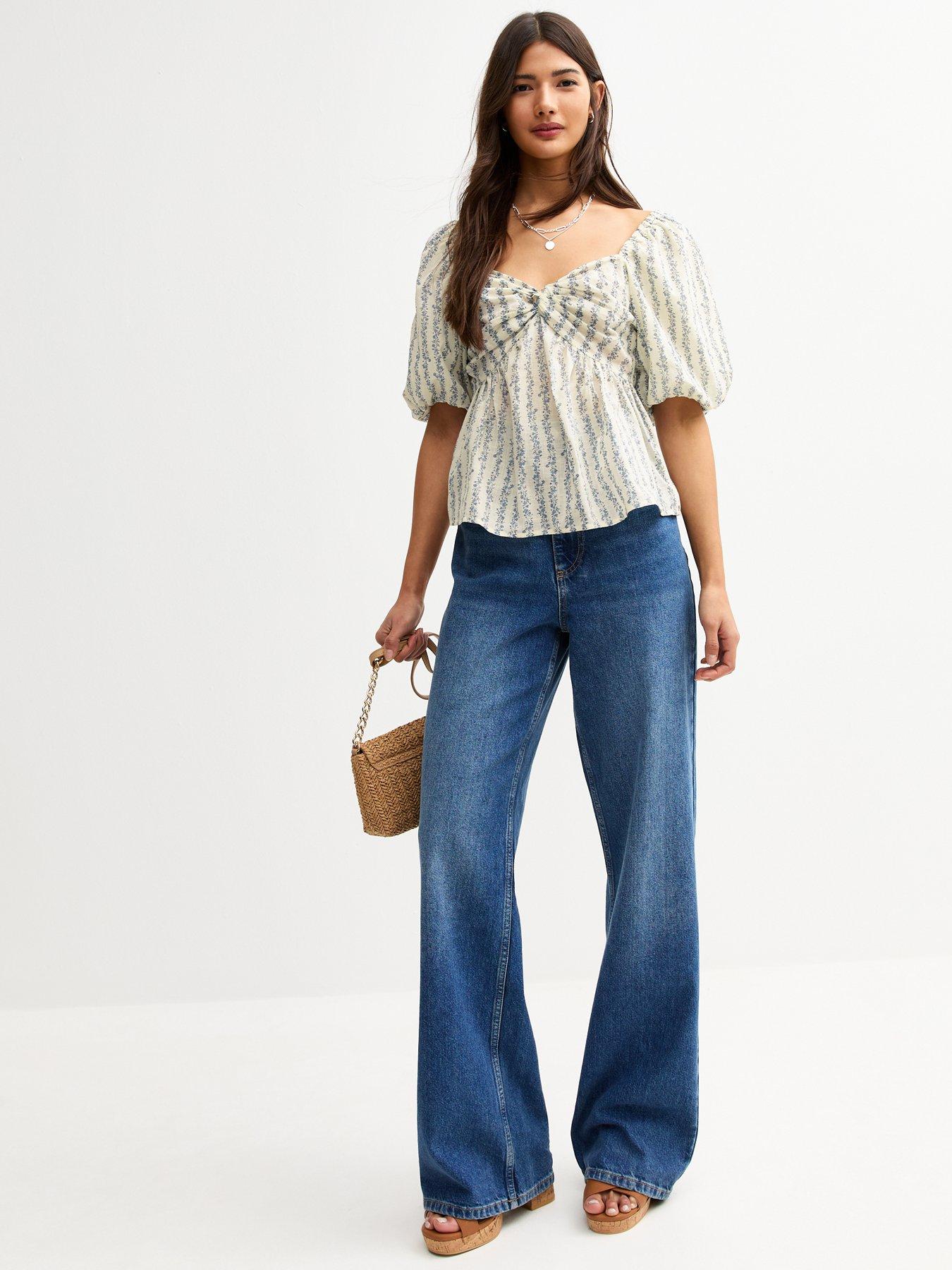 Image 3 of 5 of New Look Blue Floral Print Puff Sleeve Milkmaid Top