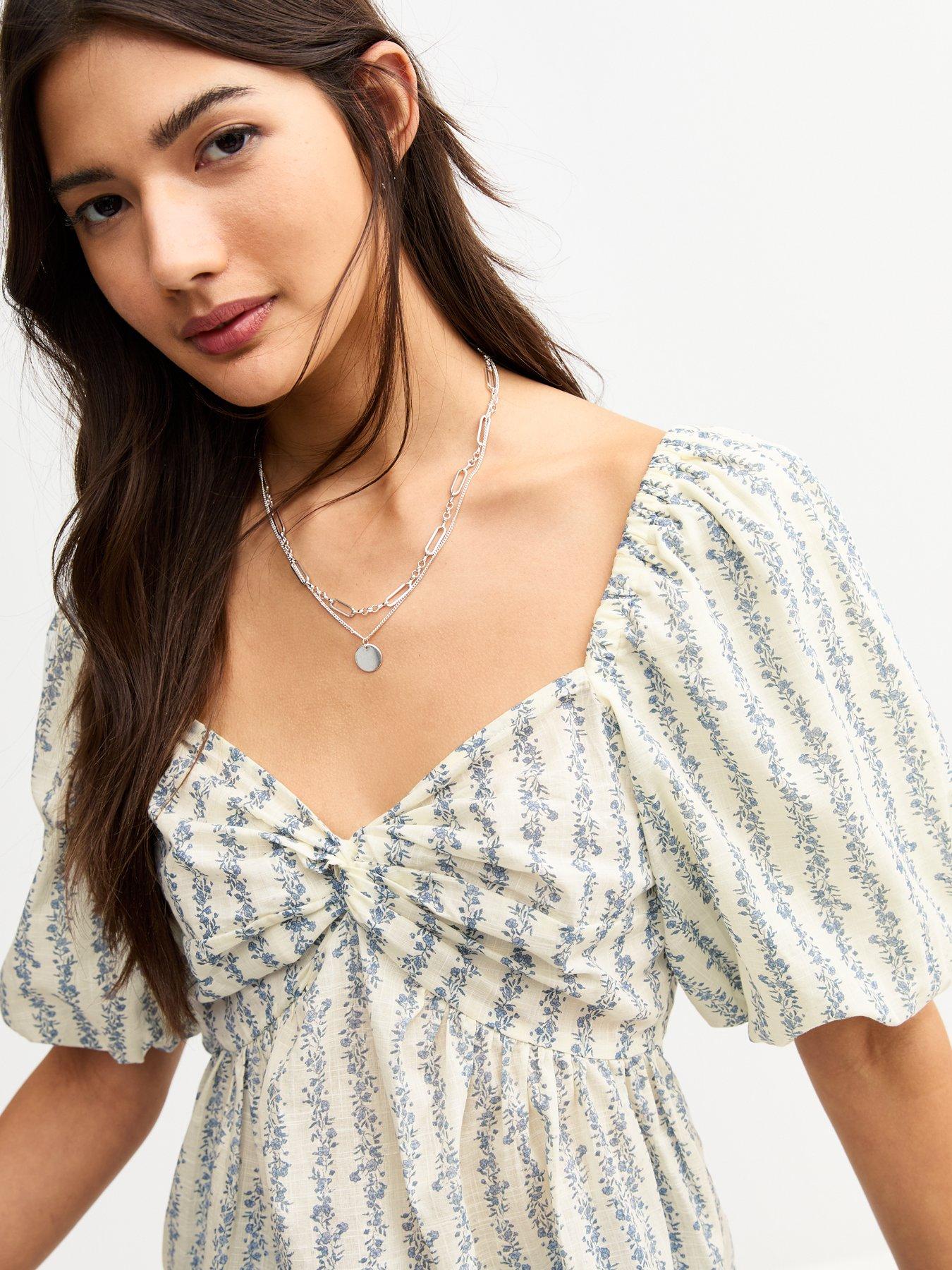 Image 4 of 5 of New Look Blue Floral Print Puff Sleeve Milkmaid Top