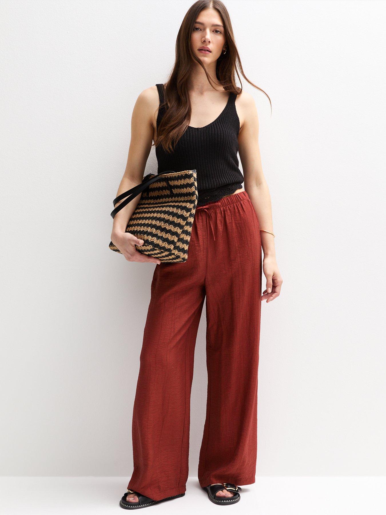 undefined Crinkled Wide Leg Trousers - Dark Red
