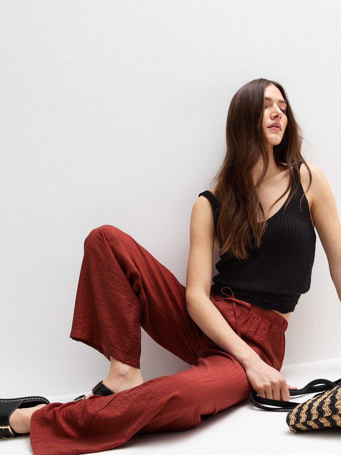Image 3 of 5 of New Look Crinkled Wide Leg Trousers - Dark Red