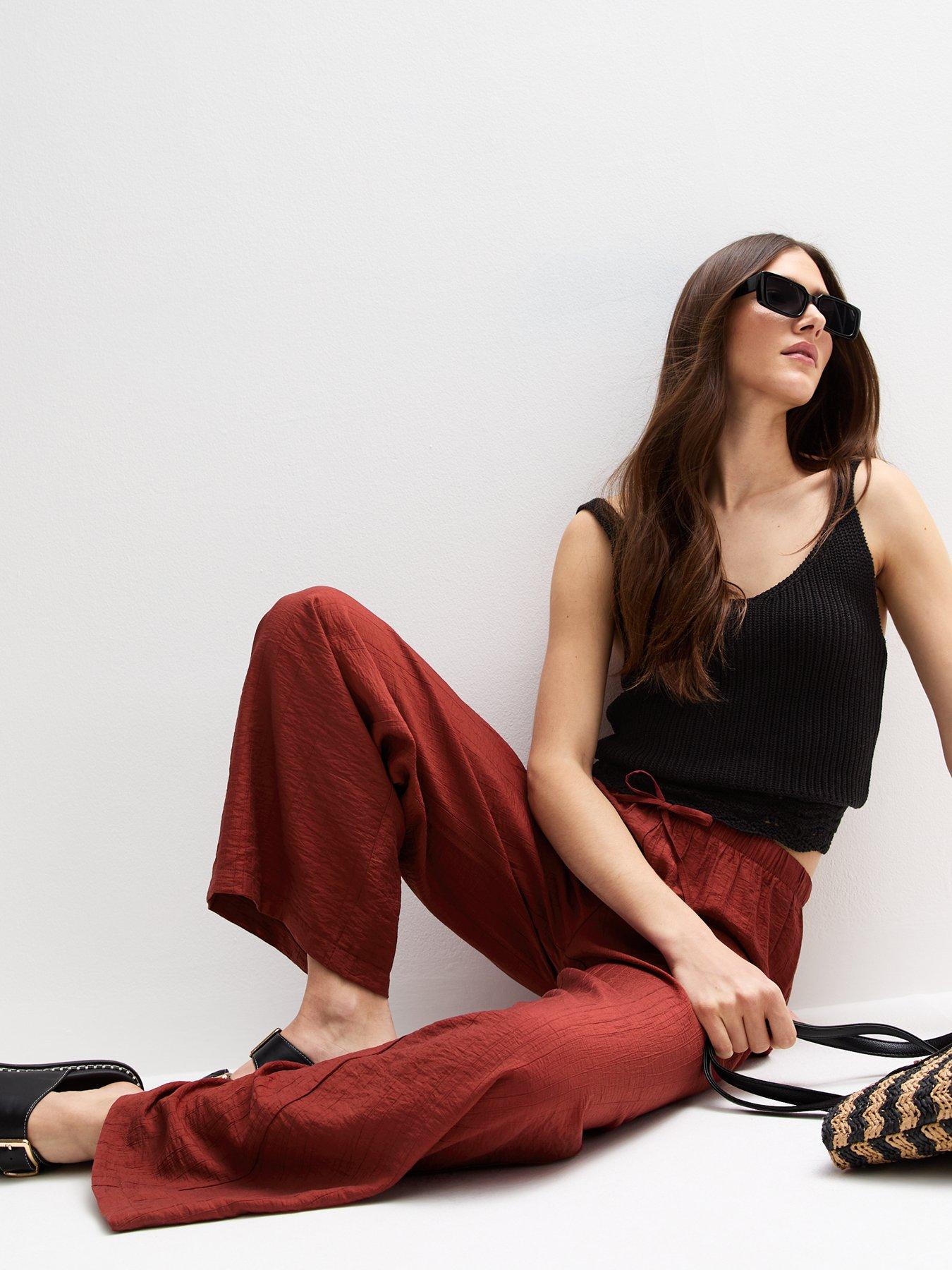 Image 5 of 5 of New Look Crinkled Wide Leg Trousers - Dark Red
