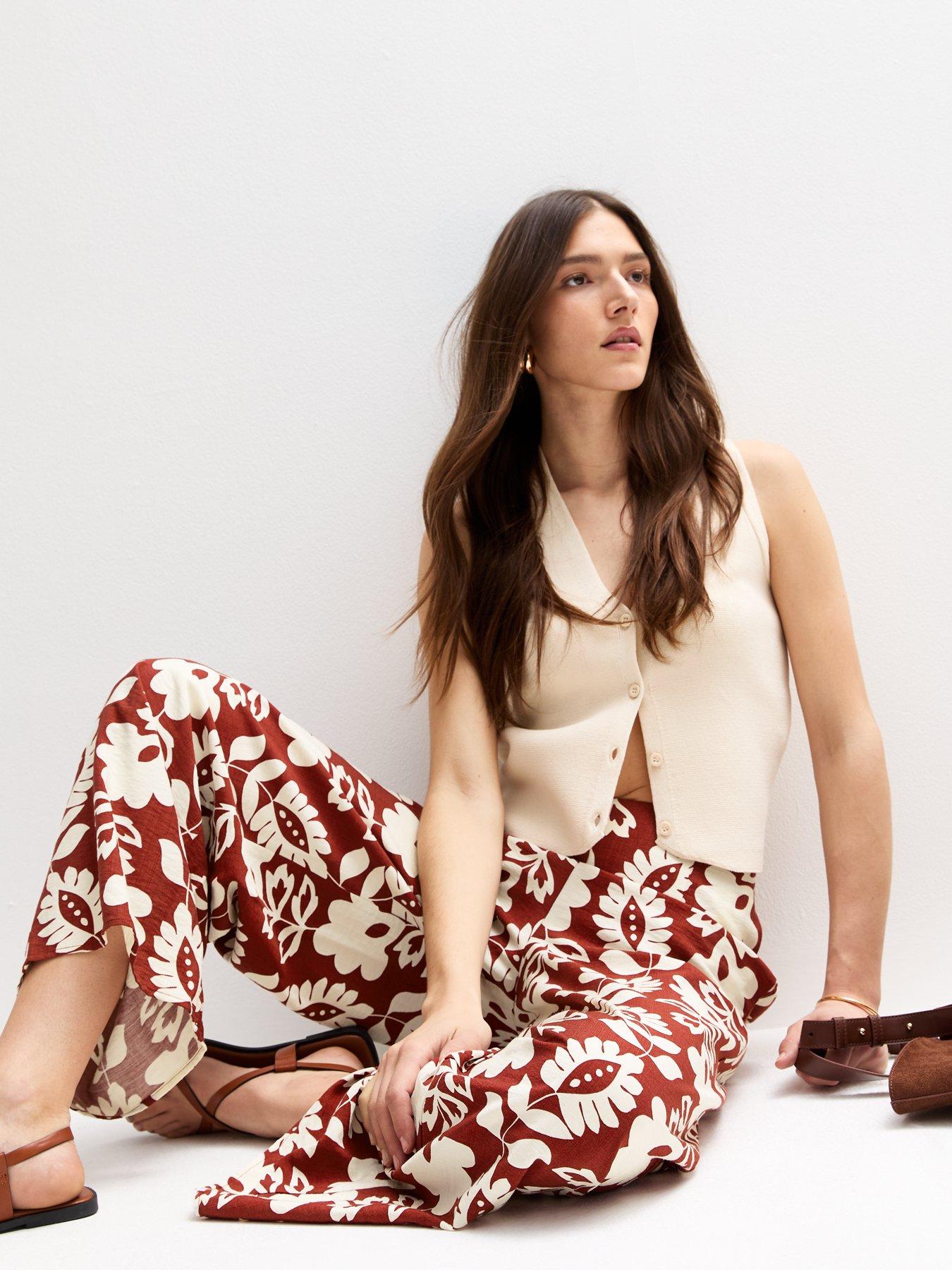 undefined Brown Floral Print Wide Leg Trousers