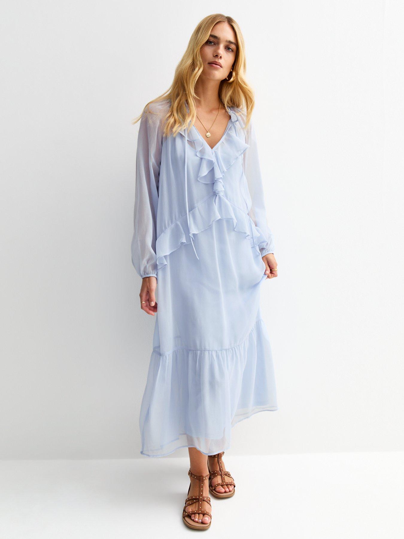 New Look Light Blue Frilly Trim Chiffon Midi Dress