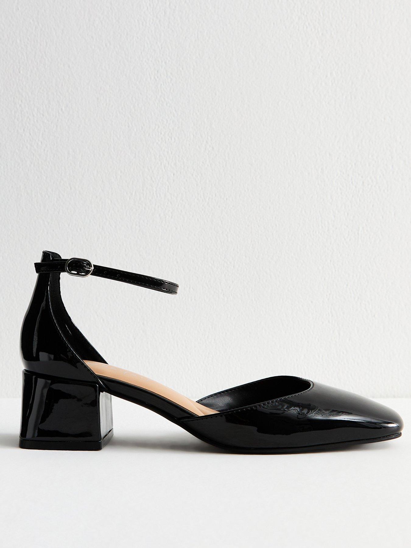 undefined Faux Patent Block Heel Open Court Shoes - Black