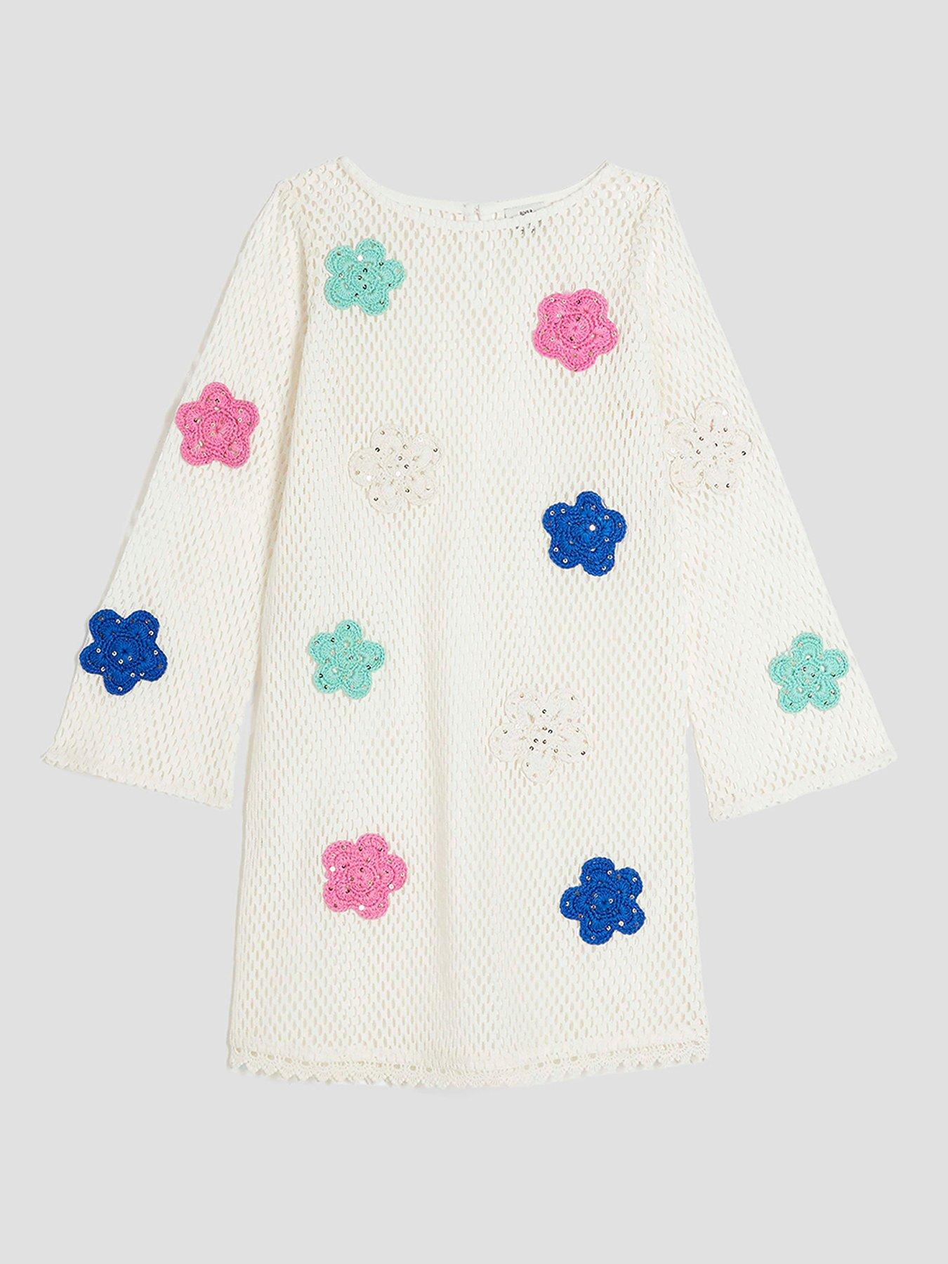 undefined Older Girl Crochet Floral Dress - Cream