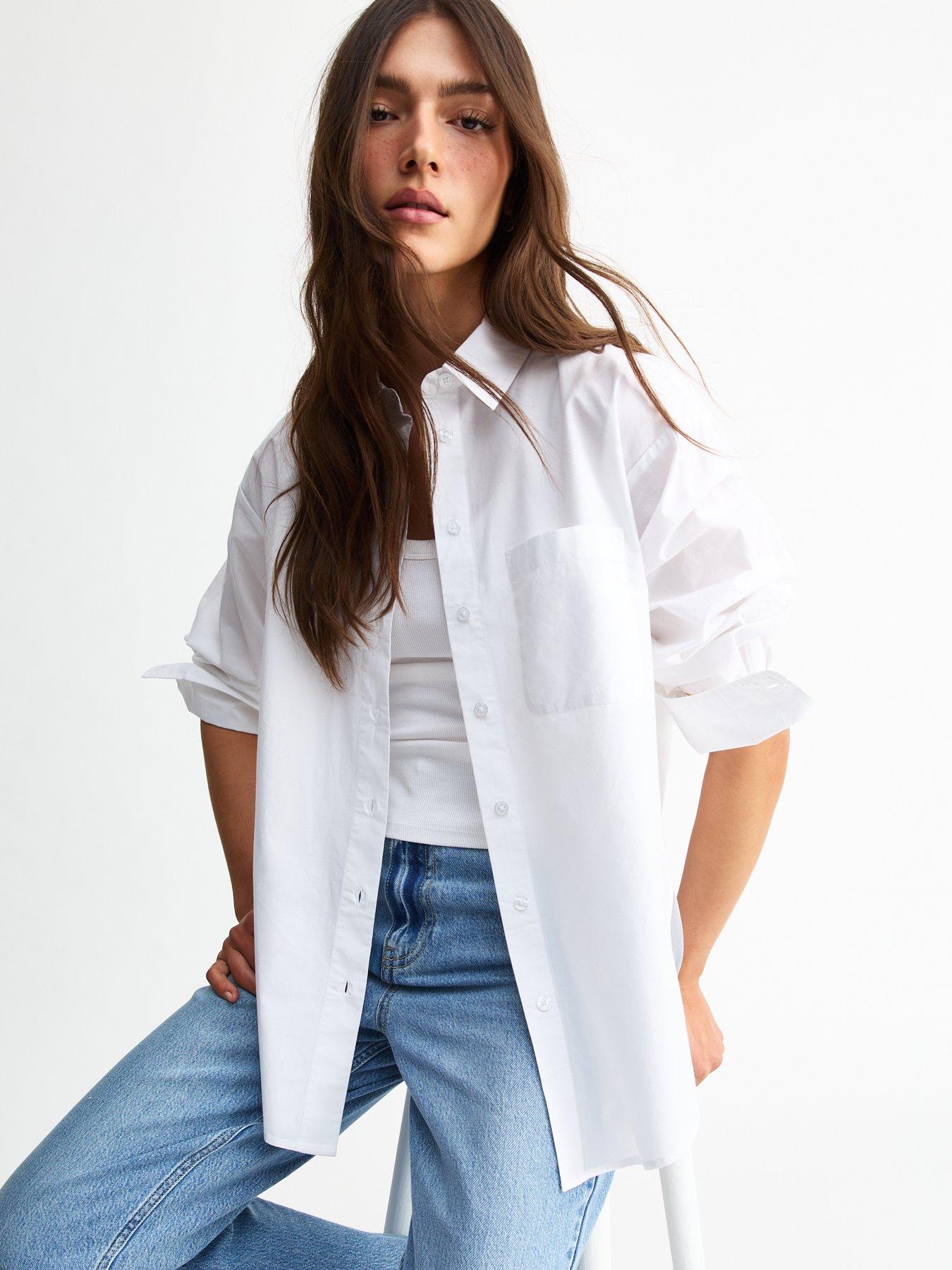 undefined Long Sleeve Curved Hem Poplin Shirt - White