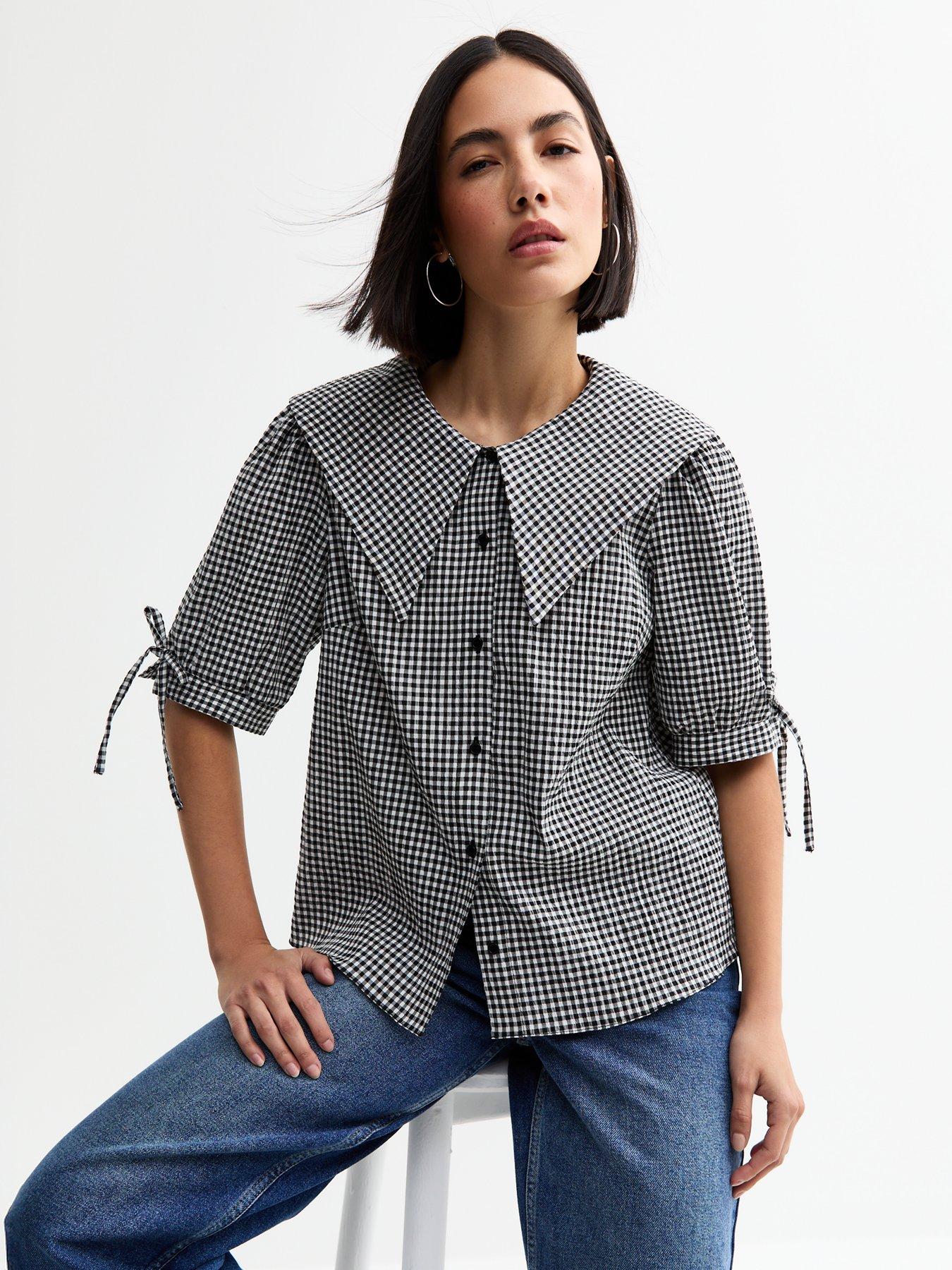 undefined Black Gingham Oversized Collar Short Sleeve Top