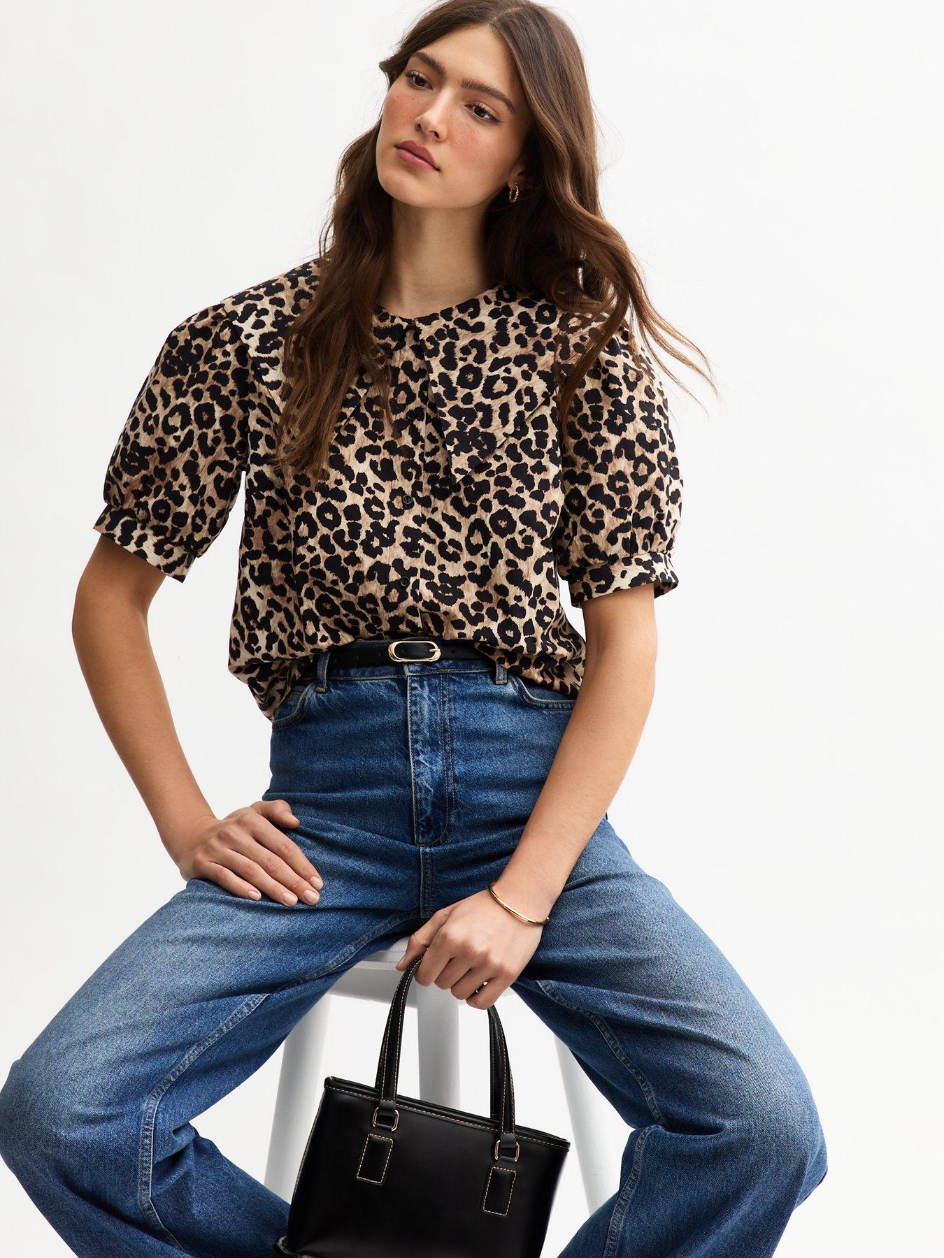 Image 1 of 4 of New Look Brown Leopard Print Oversized Collar Shirt