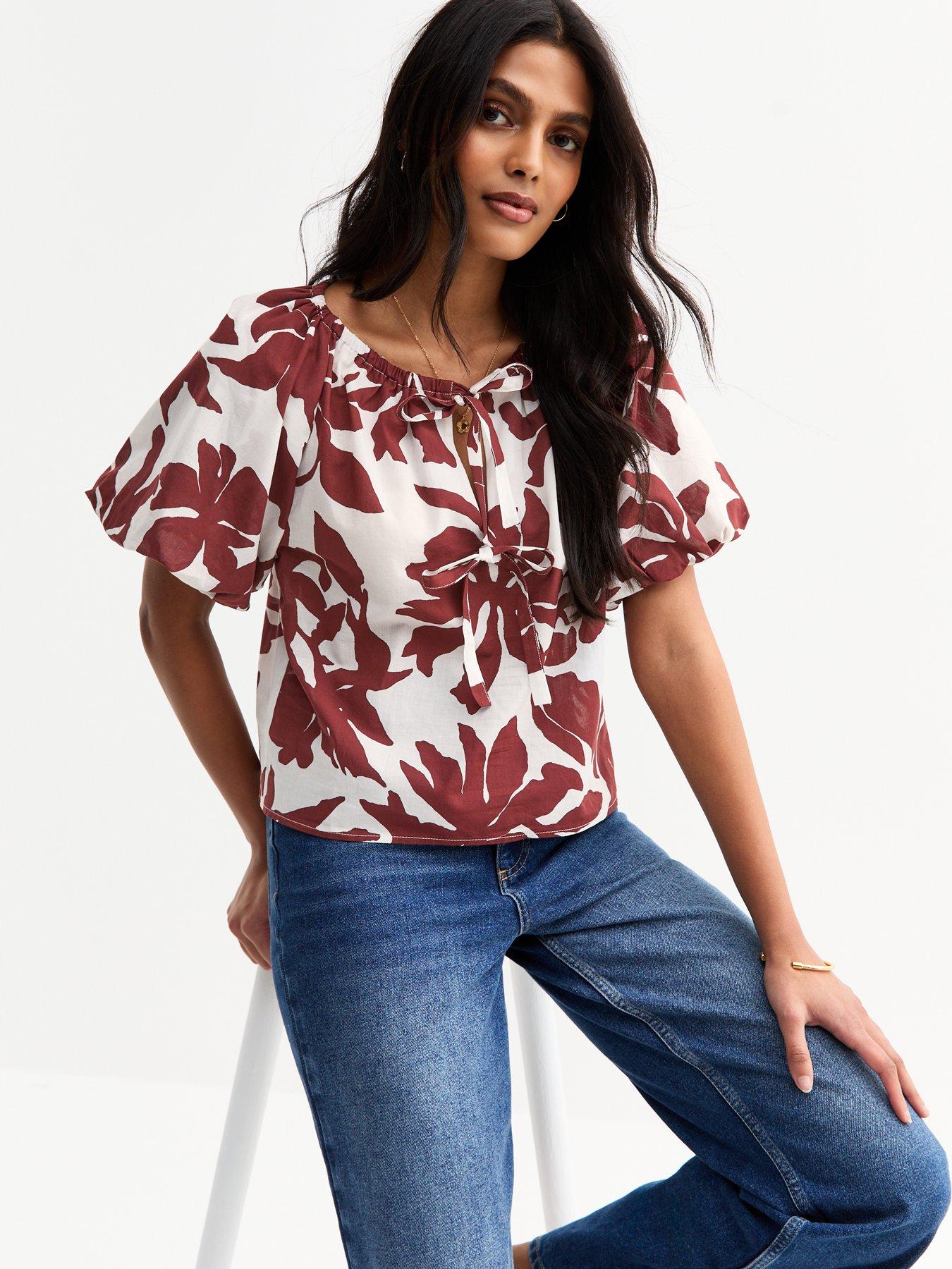 Image 1 of 6 of New Look White Printed Tie Front Puff Sleeve Top