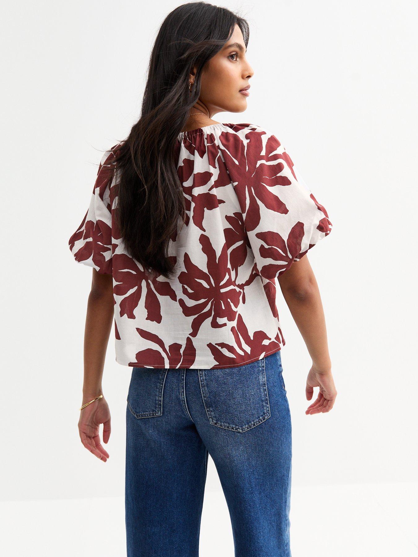 Image 2 of 6 of New Look White Printed Tie Front Puff Sleeve Top