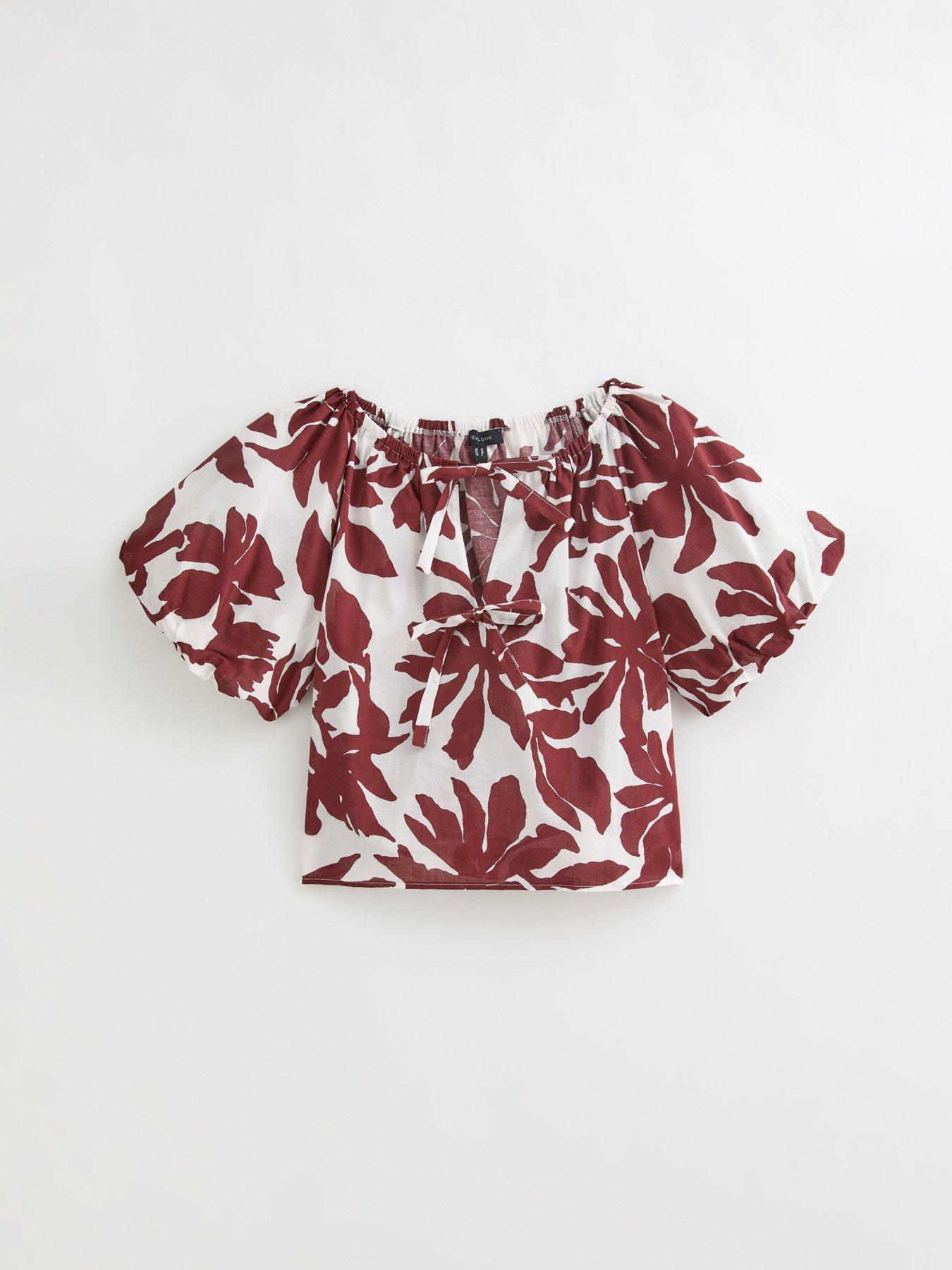 Image 5 of 6 of New Look White Printed Tie Front Puff Sleeve Top