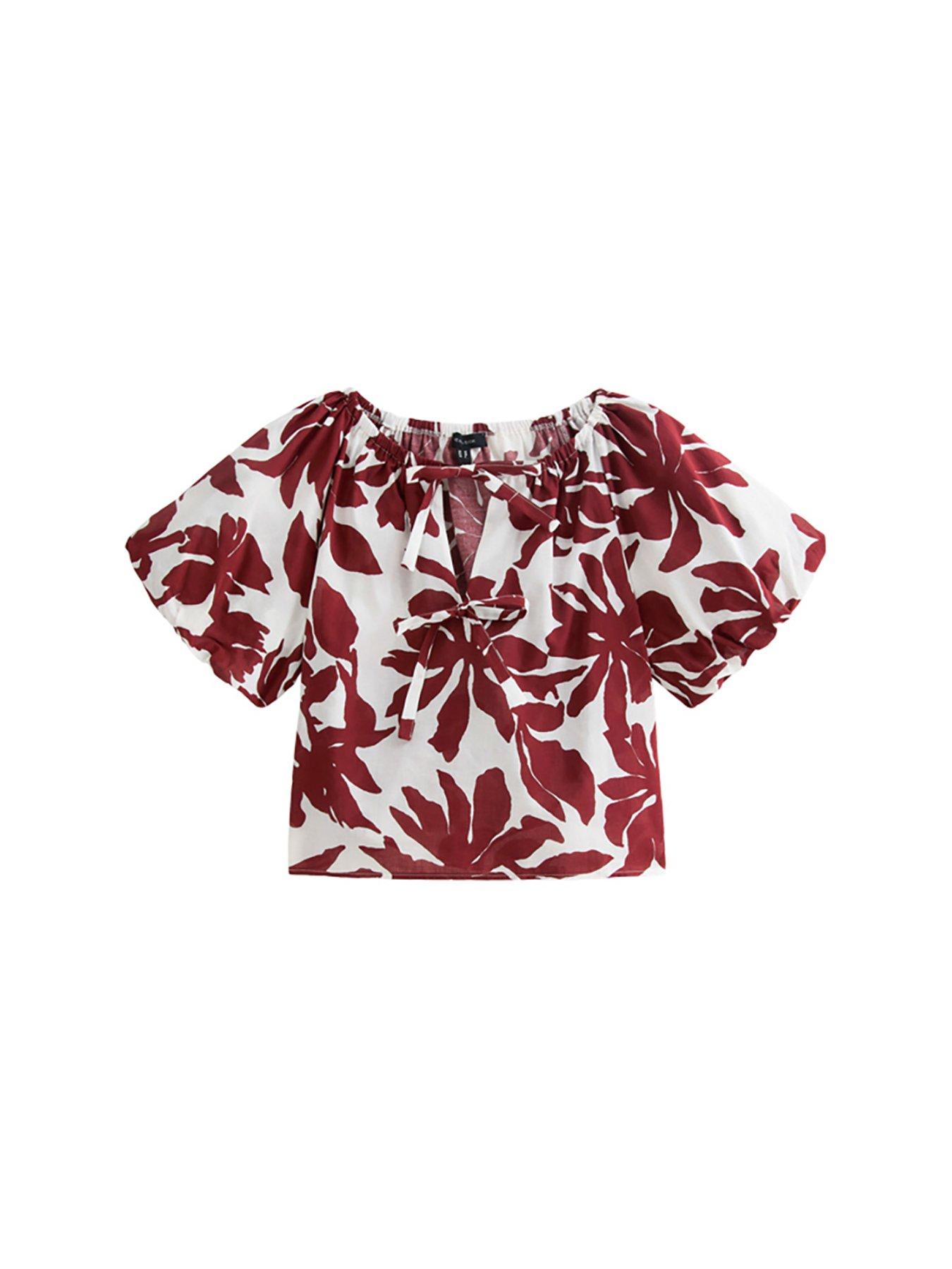 Image 6 of 6 of New Look White Printed Tie Front Puff Sleeve Top