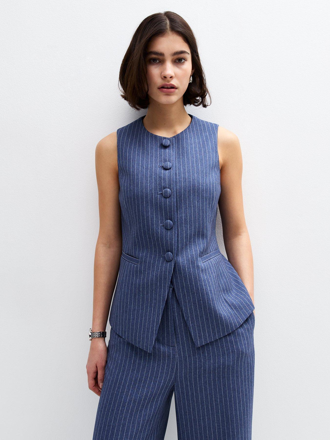undefined Blue Pinstripe Longline Waistcoat