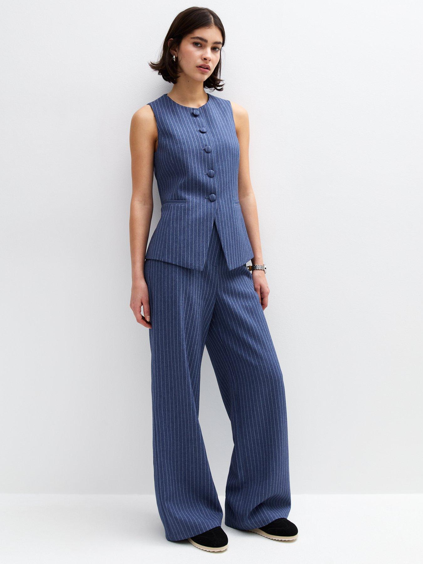 undefined Blue Tailored Pinstripe Wide Leg Trousers