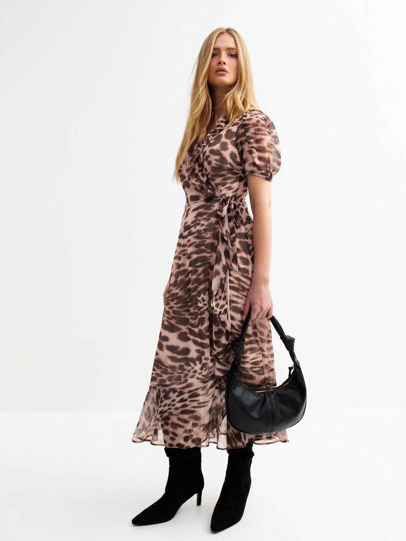 undefined Brown Animal Print Chiffon Wrap Midi Dress