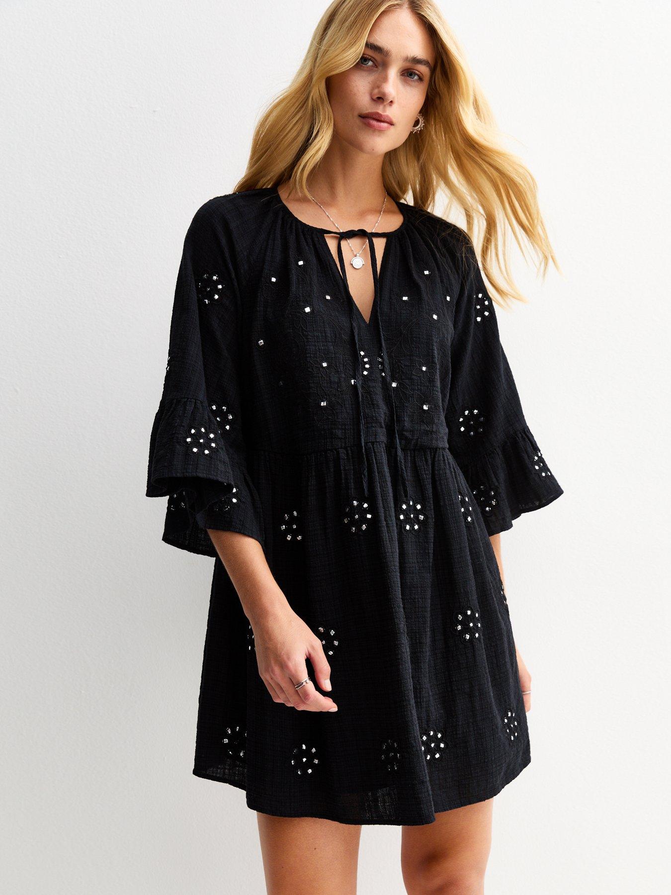 undefined Embellished Tie Neck Mini Smock Dress - Black