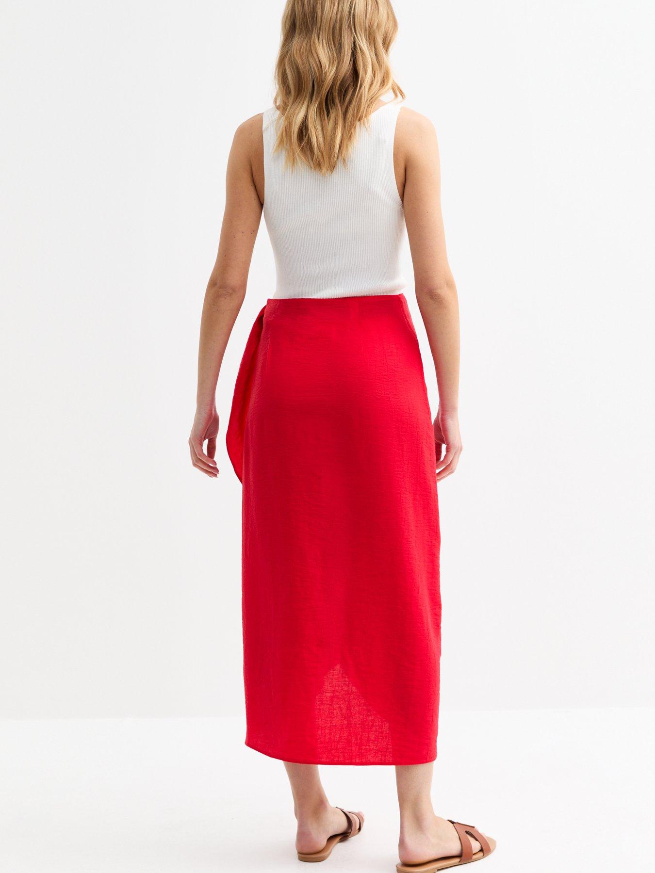 High Waist Wrap Front Midi Skirt-Red