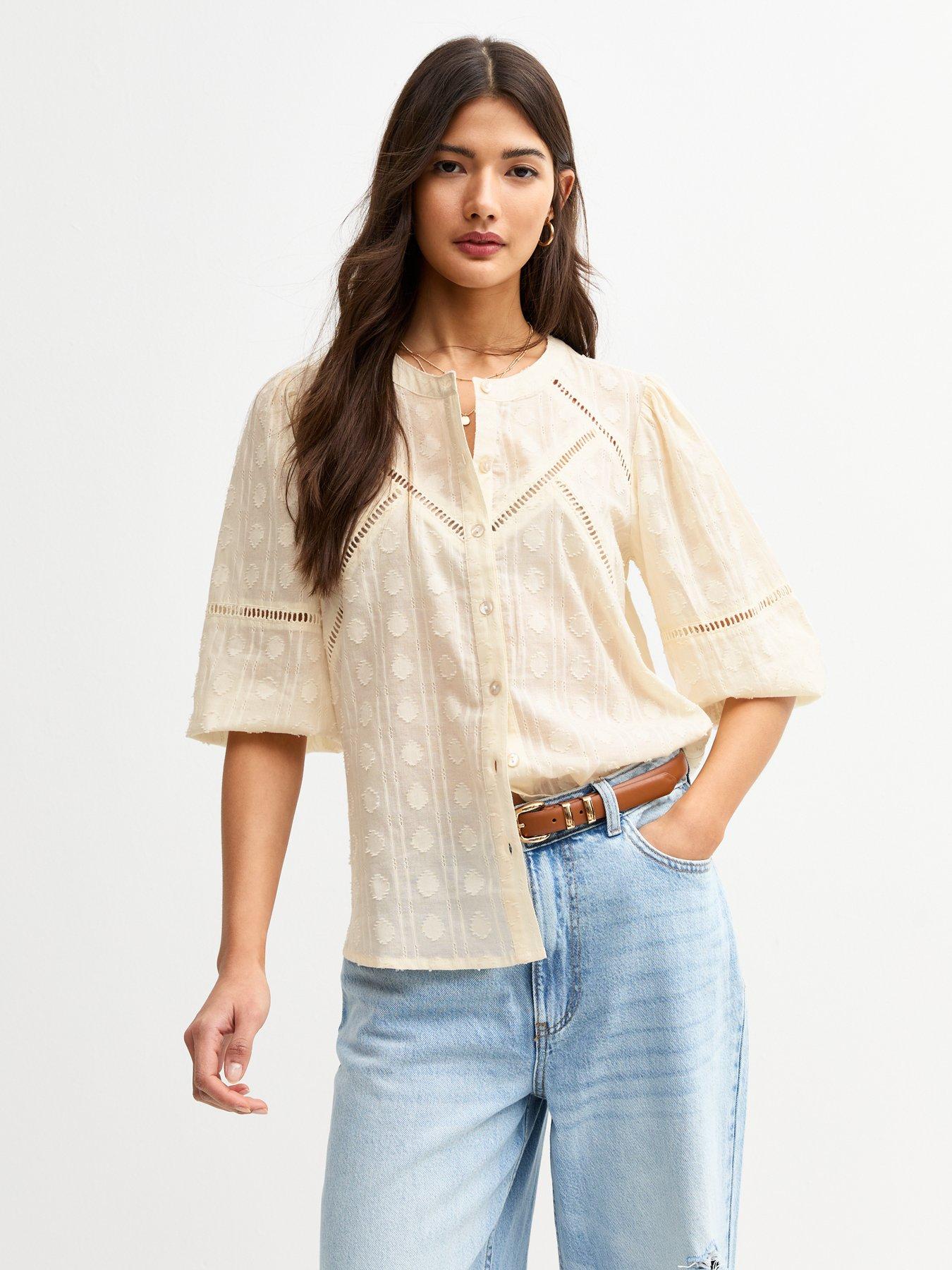 undefined Cream Shell Textured Ladder Stitch Crop Sleeve Blouse