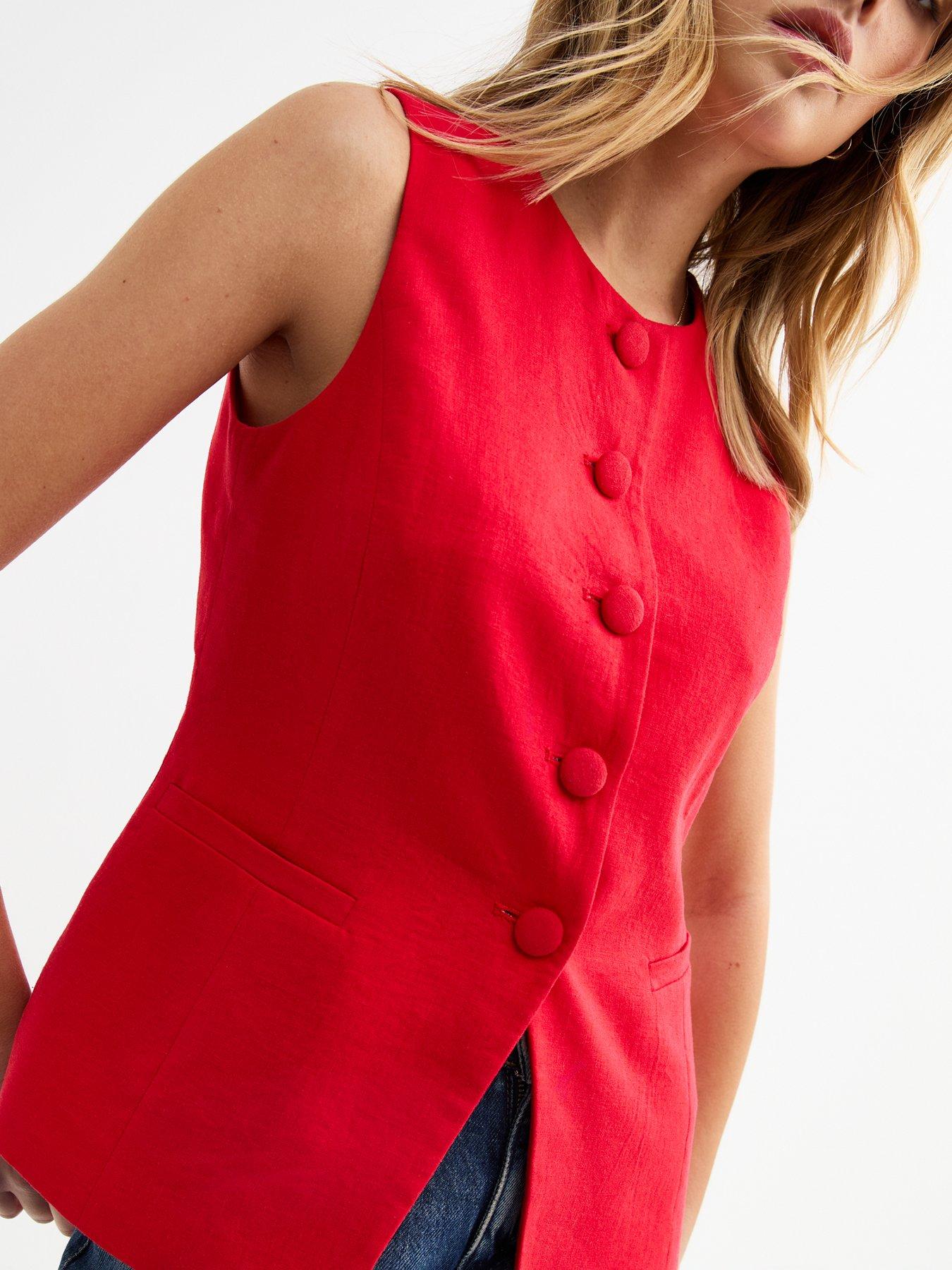 New Look Round Neck Linen Blend Waistcoat - Red