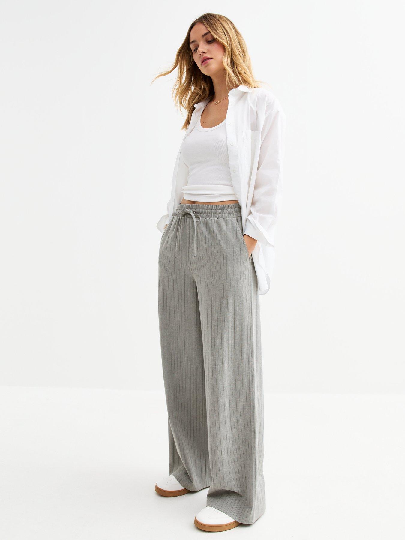undefined Grey Striped Drawstring Waist Trousers