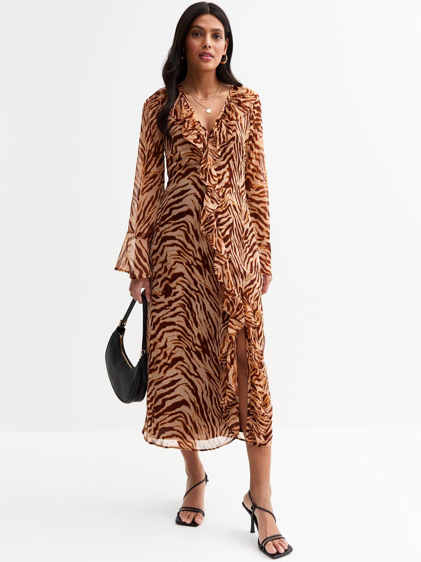 New Look Animal Print Chiffon Midi Dress - Brown