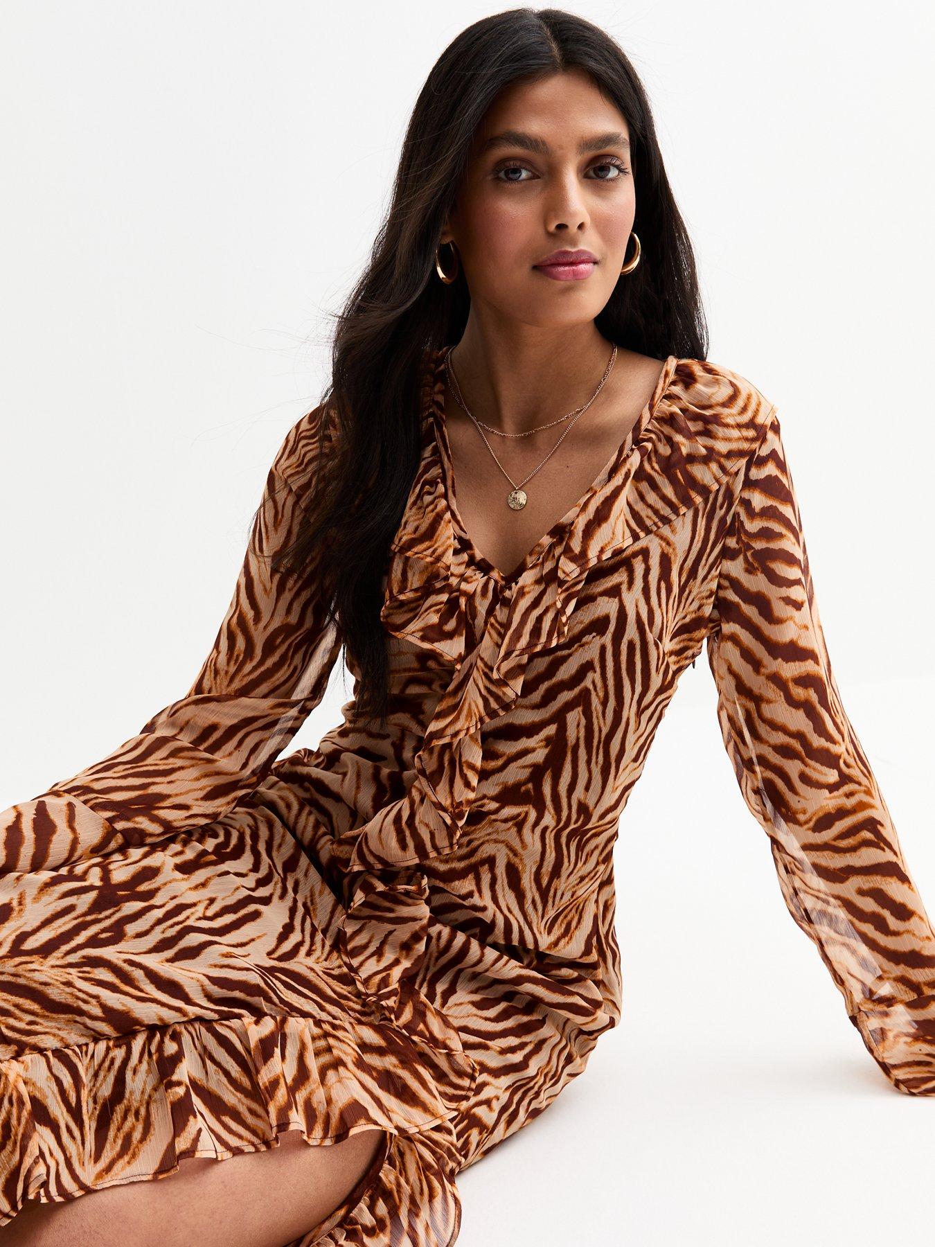New Look Animal Print Chiffon Midi Dress - Brown
