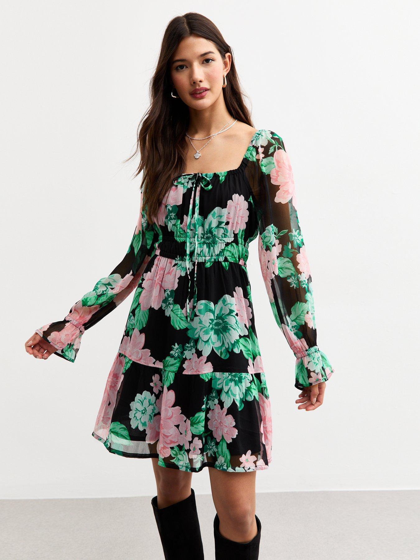 undefined Black Floral Print Crinkled Chiffon Mini Dress