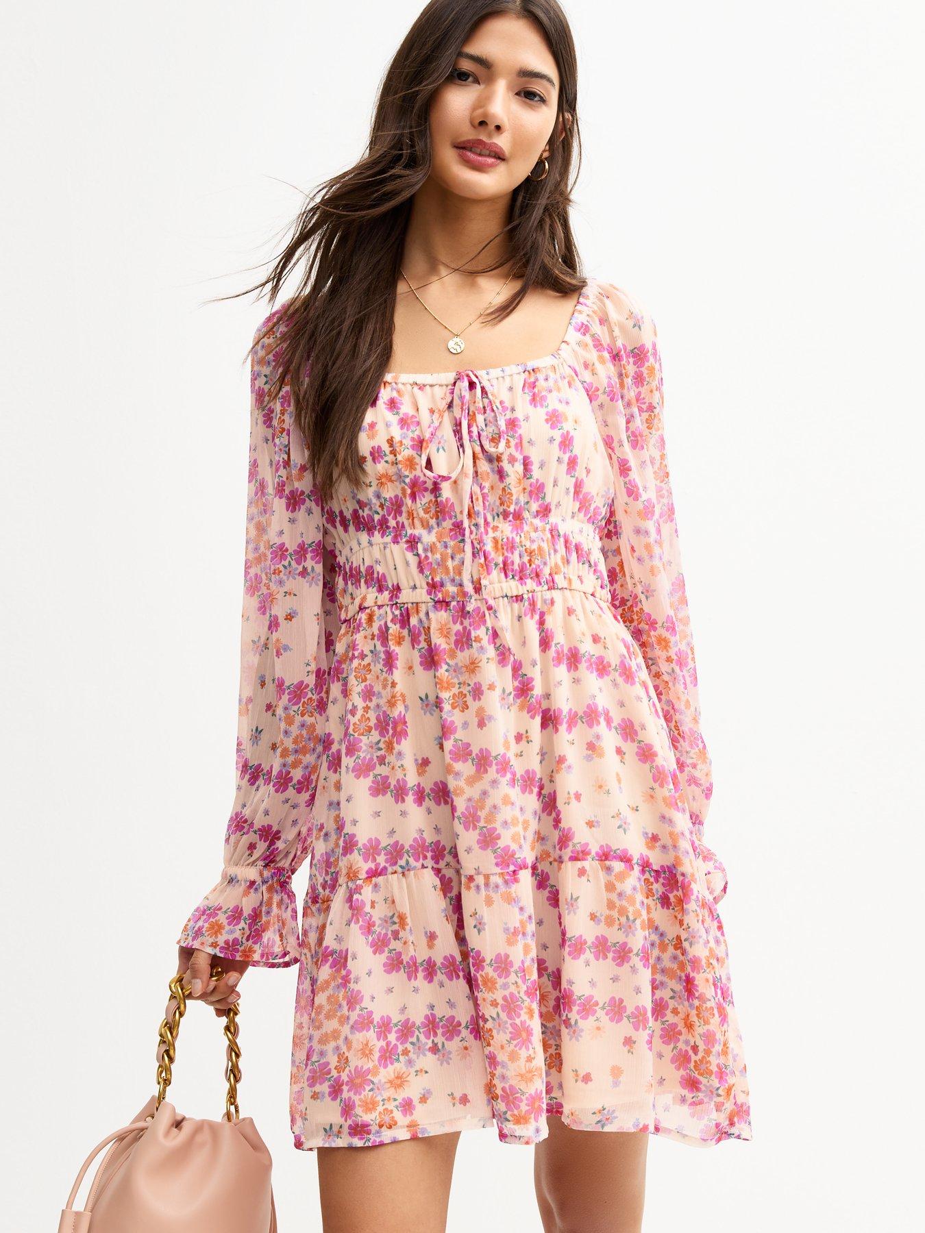 undefined White Floral Print Chiffon Long Sleeve Milkmaid Mini Dress