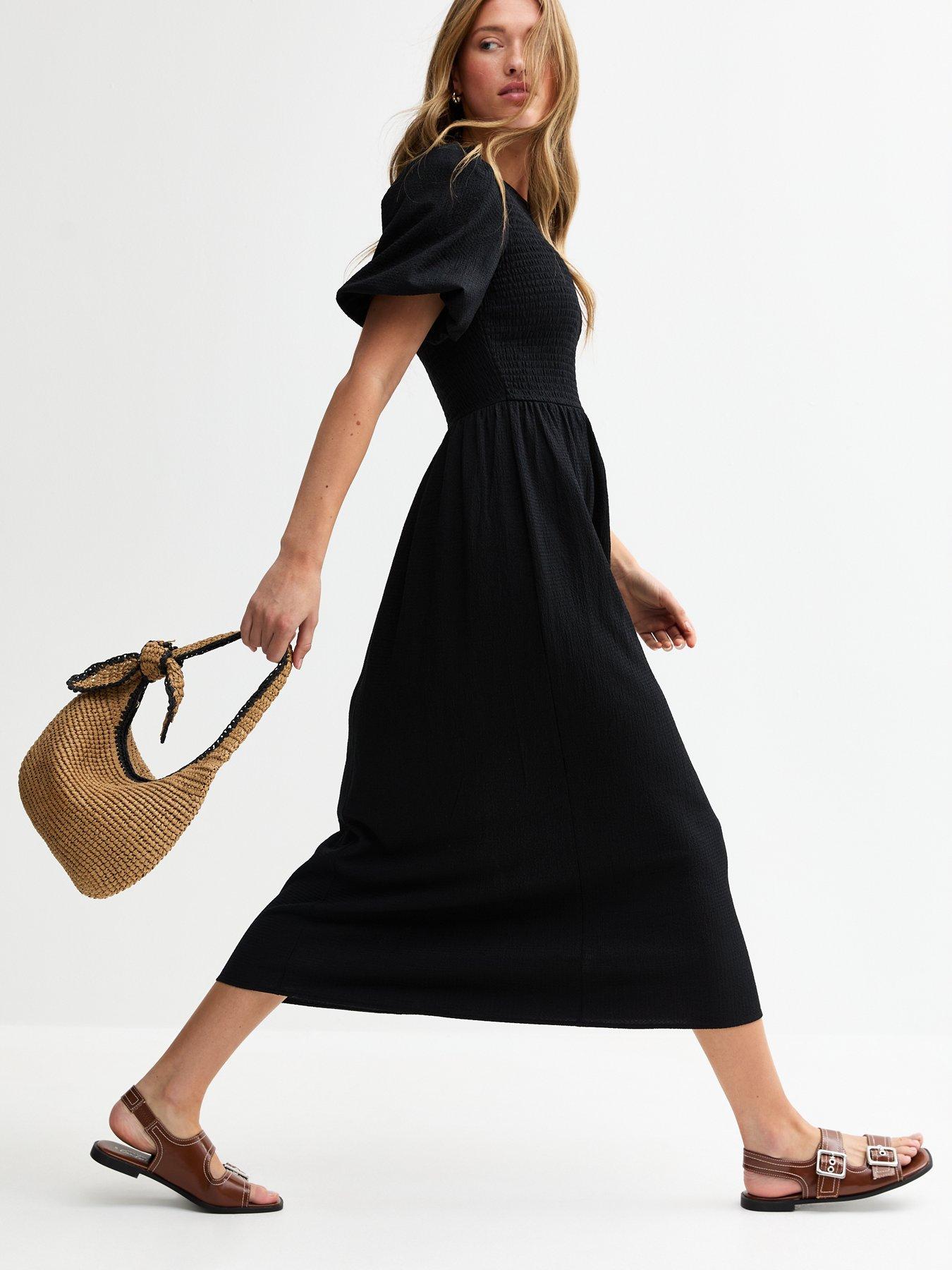 undefined Black Crinkled Shirred Bodice Midi Dress