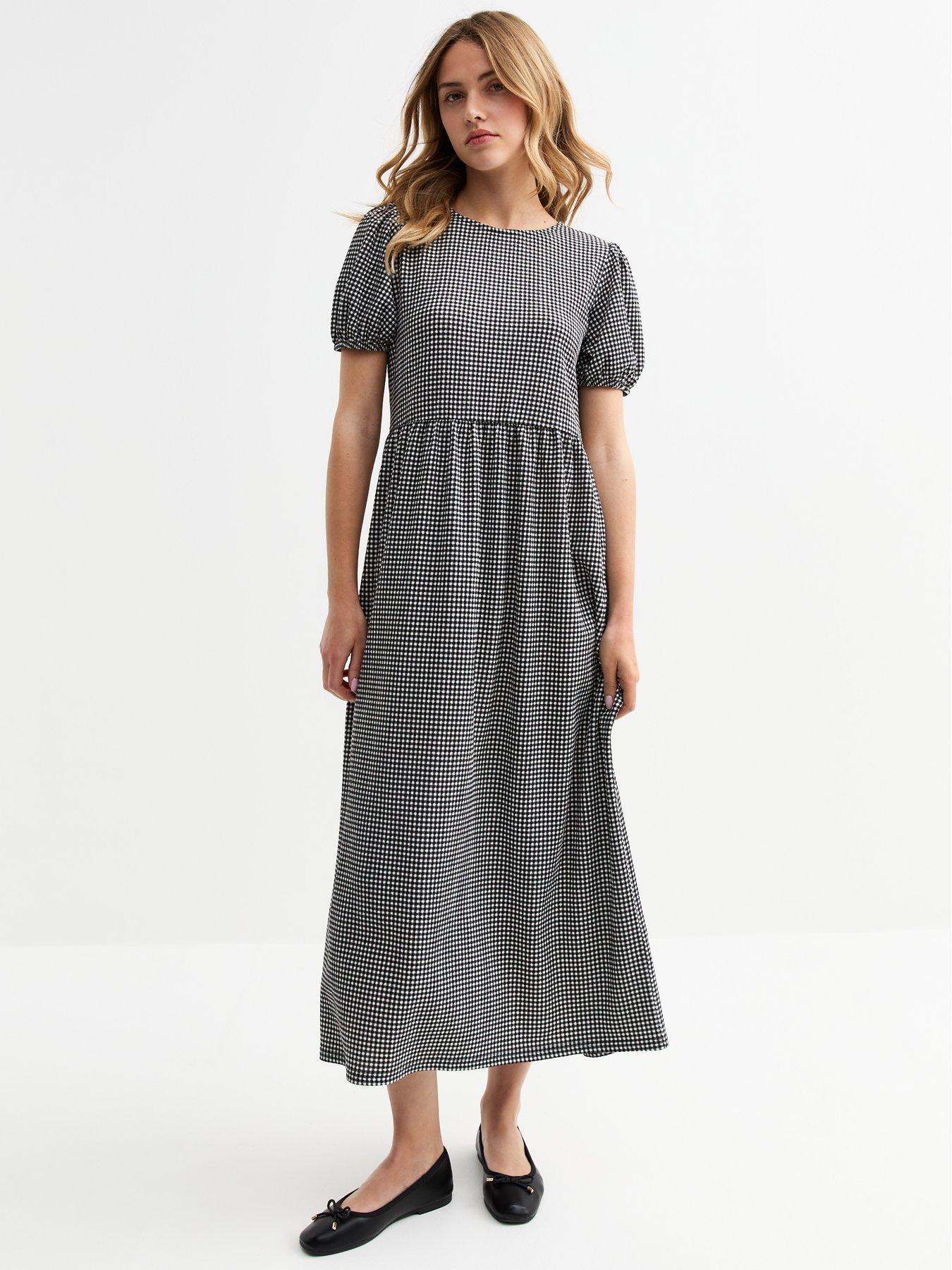 undefined Black Crinkle Texture Bow Back Gingham Midi Dress