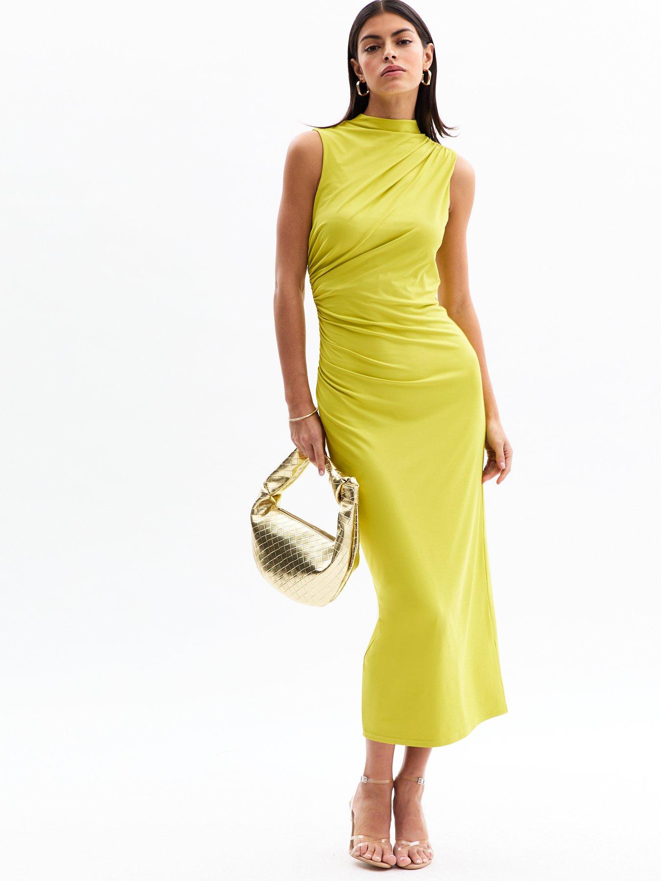 undefined Green Jersey High Neck Ruched Midi Dress