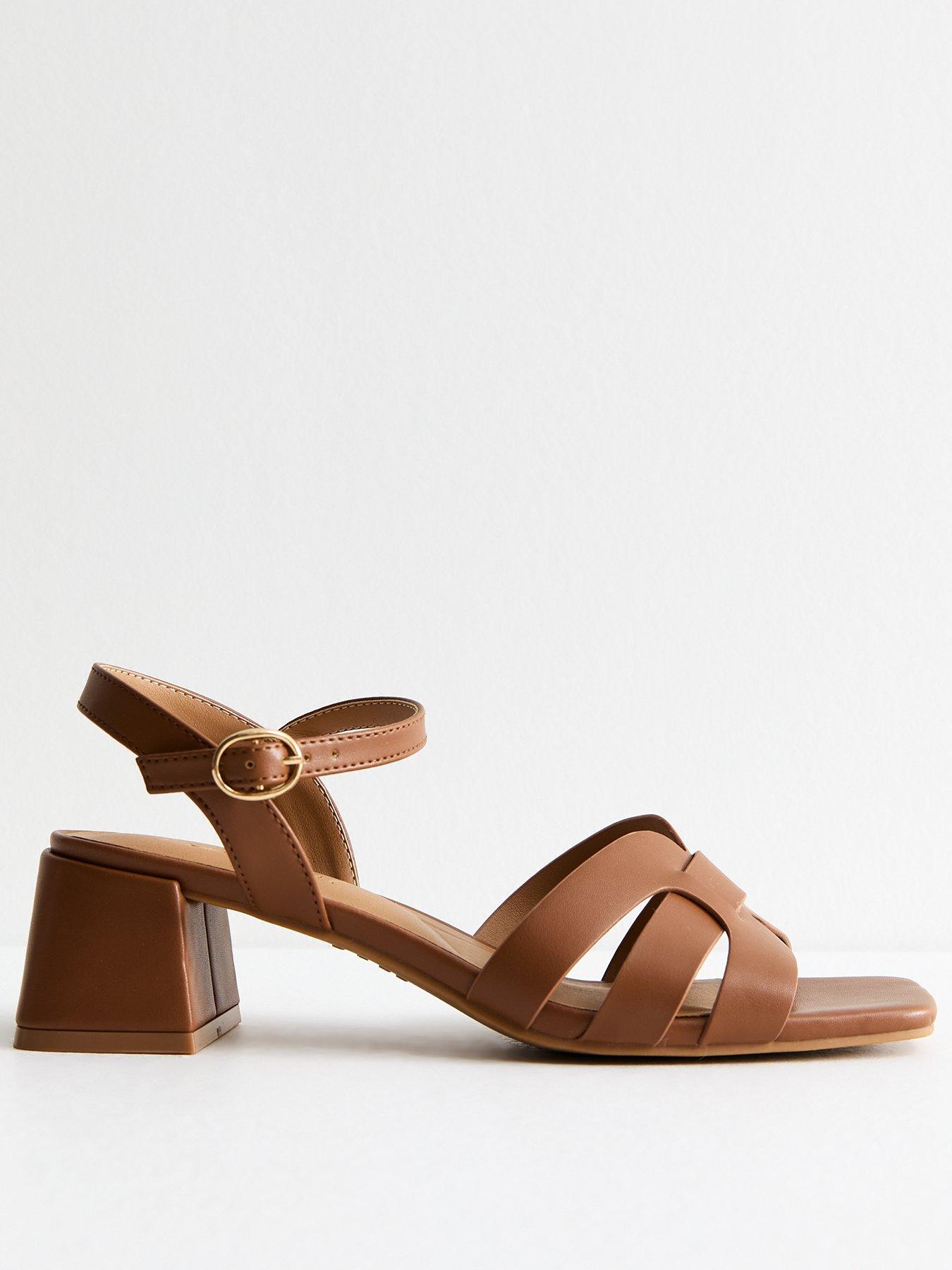undefined Tan Woven Strap Heeled Faux Leather Sandals