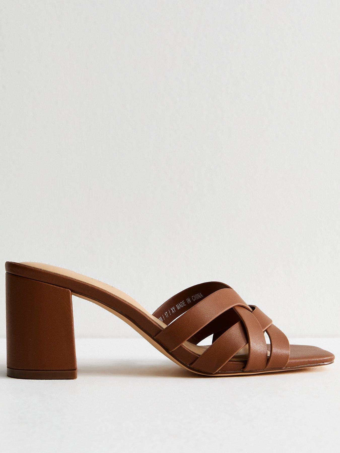 undefined Camel Brown Woven Strap Block Heel Sandals